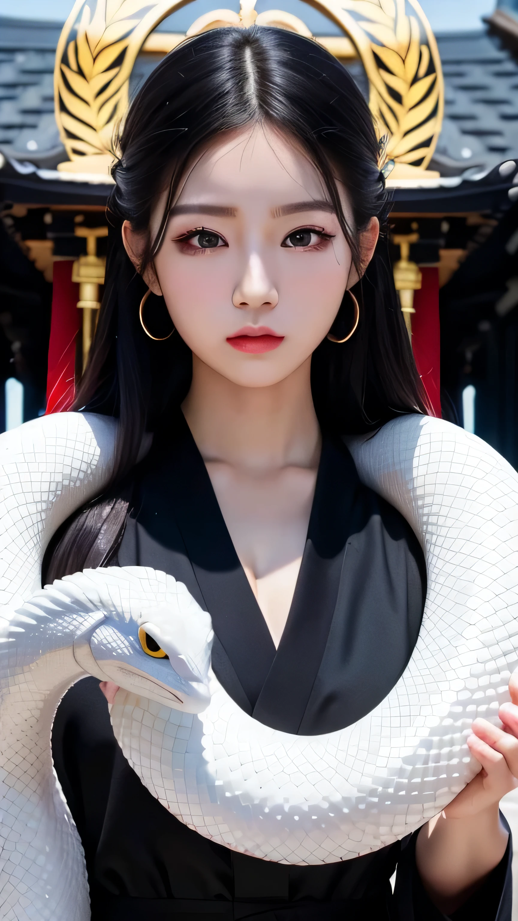 masterpiece, highest quality, 8k, 4K, A White Snake, black eye, temple, Front view, front face, head shot, One head, pure white snake, black hair