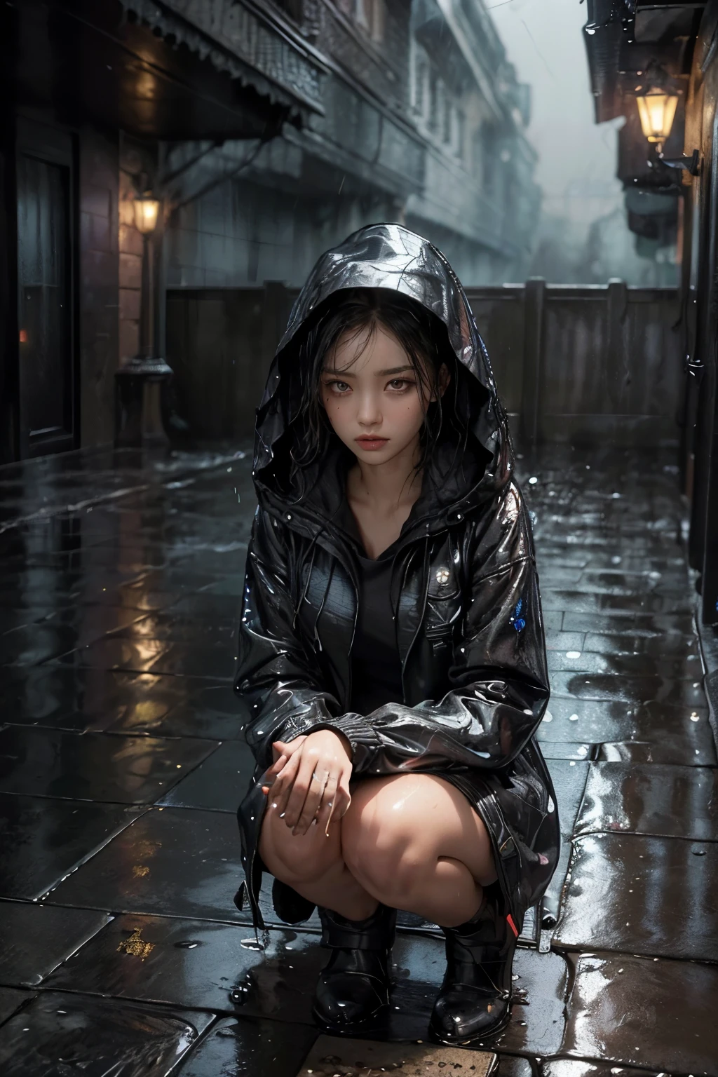 (masterpiece:1.2, best quality), (real picture, intricate details), (night, dark, downpour:1.4)
The alley was empty, the surroundings were silent, Only raindrops sprinkled on the low tile eaves far and near, slight rustle. in the cold rain, (1 girl, wet hooded jacket, sad, perfect eyes:1.2) squat on the ground,