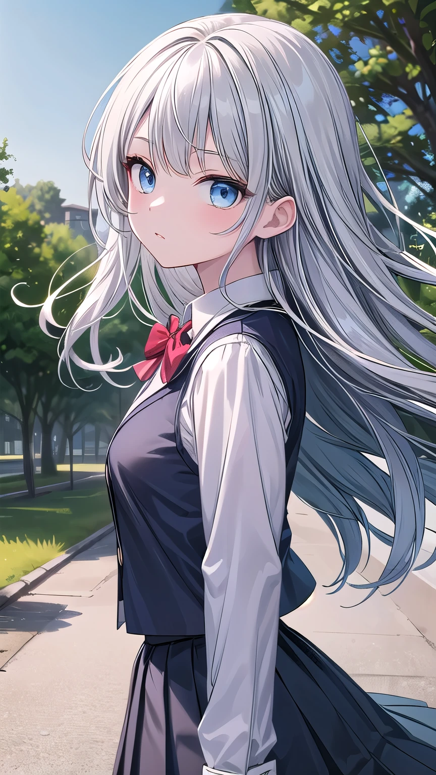 solo girl, 20 years old,from side,looking at viewer, long hair, silver hair, light blue eyes, medium breast,red bowtie, dark blue pleated skirt, long sleeves shirt, dark blue vest, outdoors, tree,flowing wind, Best Quality, High resolution, Extremely detailed, Detailed background, Perfect Lighting