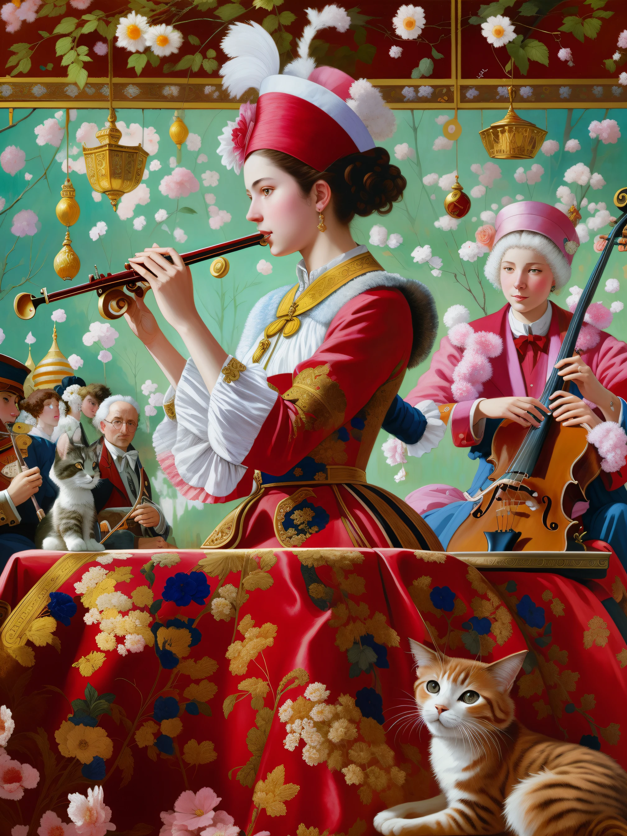 peinture d'une femme jouant du violon entourée de chats, inspiré par James Christensen, par Vladimir Borovikovski, Andreï Gordeev, inspiré par James C. Christensen, Sergueï Zabeline, Adrien Borda, Alexandre Abdoulov, par Alexandre Kucharski, Alexeï Egorov, par Alexeï Venetsianov, jehan georges vibert
