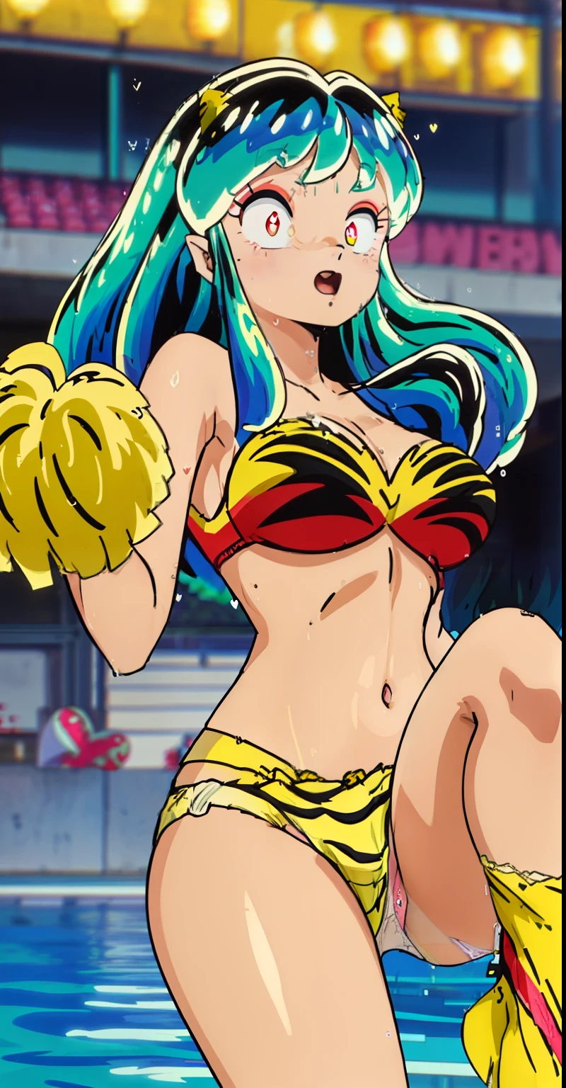 ram invader, detailed breasts, anime dick, (cheerleader: 1.2), (white panties:1.4),muste piece, best quality, open mouth, tooth, ultra-detailed breasts, Yellow eyes, cute eyes, detailed face, a cute girl, big chest, red face, (wet with water: 1.2), Generally poor breasts, areola slip, (Position where panties are visible:1.5), (beautiful breasts: 1.2), (with a bright light source: 1.2), (heart shaped pupils opening their clothes: 1.5)