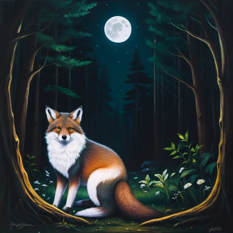 in the dark forest,full moon,small sitting fox,painting