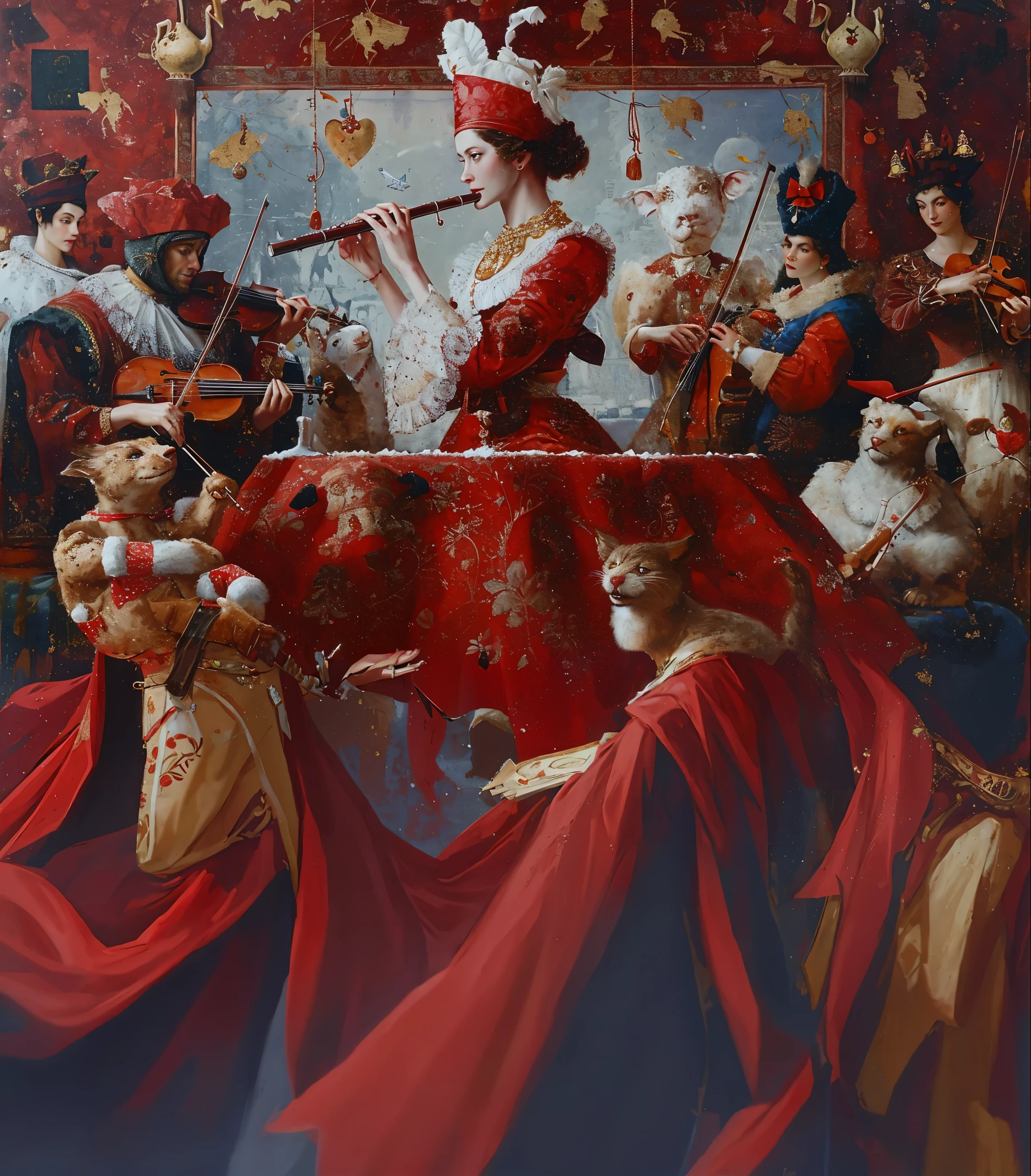 peinture d&#39;une femme jouant du violon entourée de chats, inspiré par James Christensen, par Vladimir Borovikovski, Andreï Gordeev, inspiré par James C. Christensen, Sergueï Zabeline, Adrien Borda, Alexandre Abdoulov, par Alexandre Kucharski, Alexeï Egorov, par Alexeï Venetsianov, jehan georges vibert
