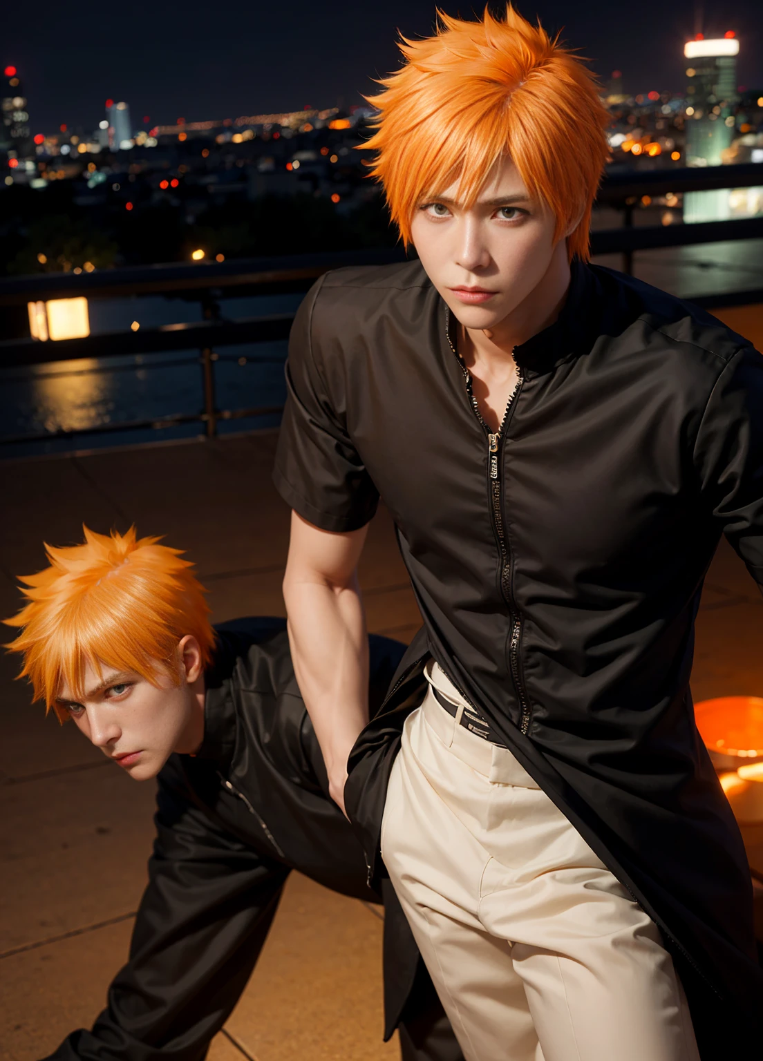 1man, ichigo kurosaki in anime bleach, short hair , orange hair, orange eyes, handsome, black clothes, realistic clothes, detail clothes, city background, ultra detail, realistic