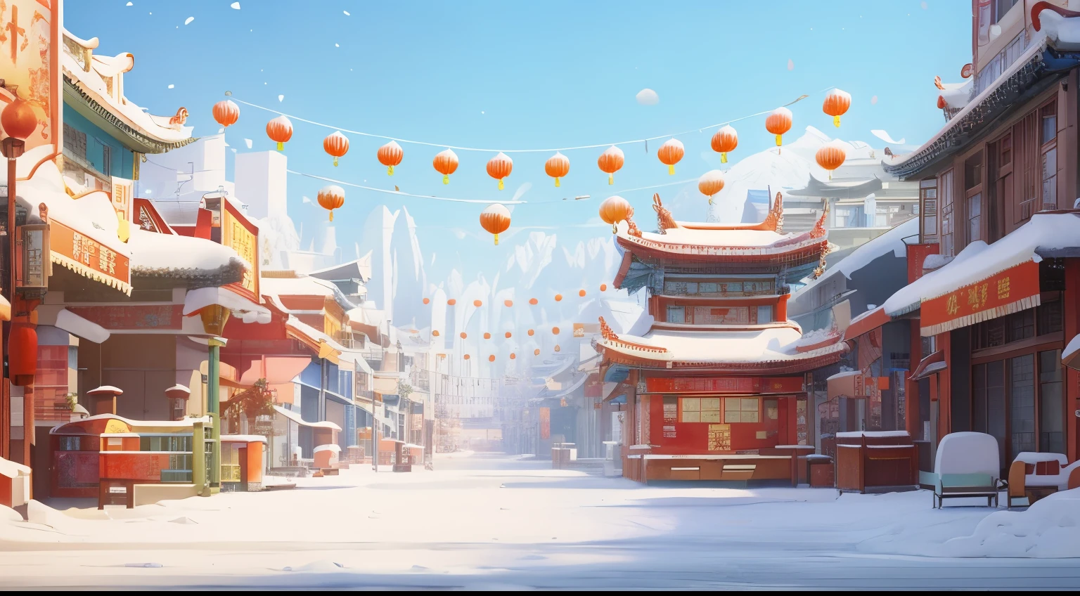 Franco-German view of the street with a lot of snow on the ground, rossdraws global illumination, Dream China Town, Ross Tran. landscape background, film environment design, Chinatown, background art, g liulian art style, background artwork, Popular topics on cgstation, Colorful anime movie background, Random background scene, winter concept art, Inspired by Zhu Feng