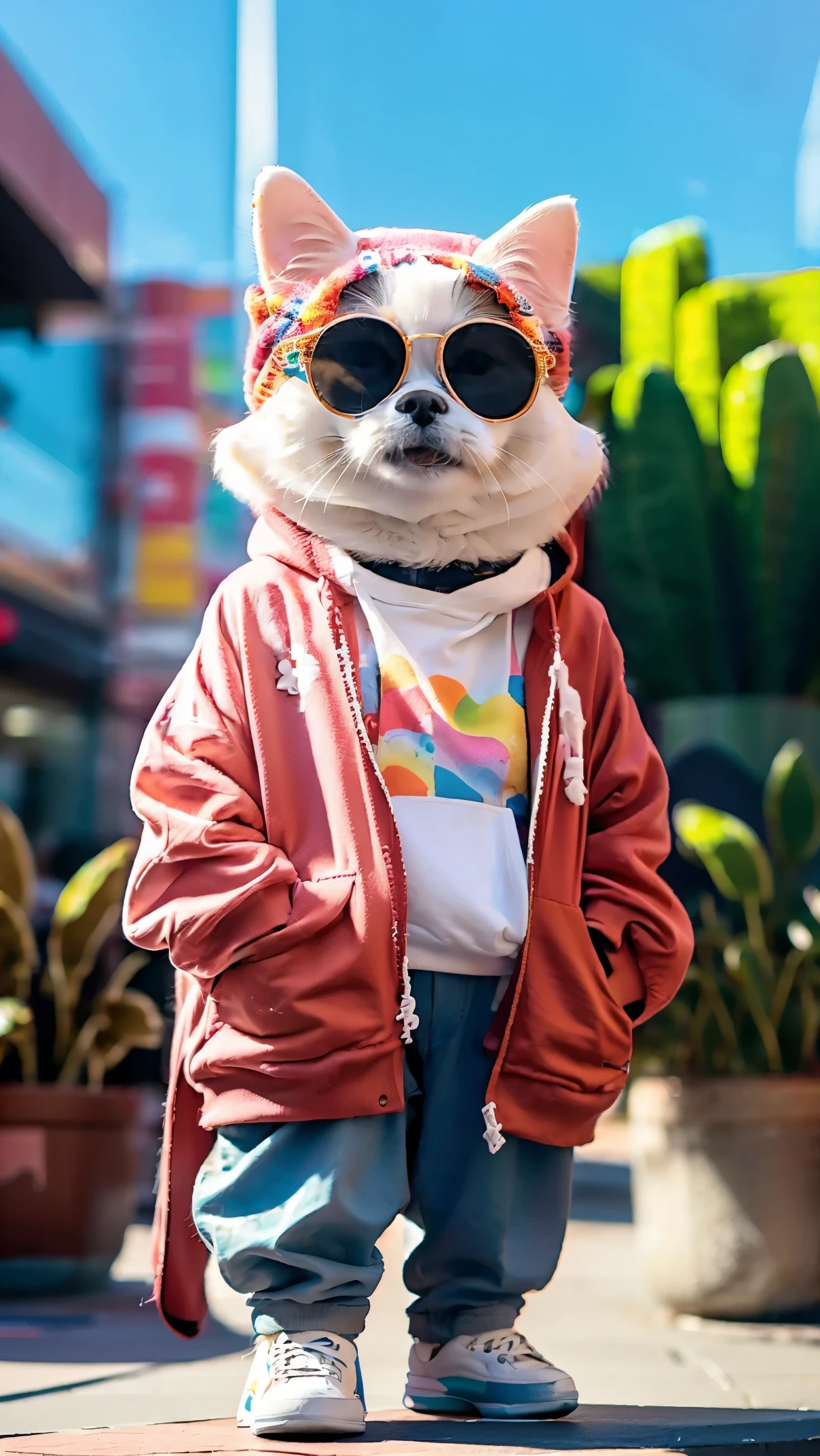 perfect centering, kawaii cute dog, Cardigan, Wearing a hoodie, wear sunglasses, wear headphones, sunshine, standing posture, abstract beauty, center, looking at the camera, facing the camera, closer to perfection, dynamic, very detailed, smooth, sharp focus, 8K、red sunglasses