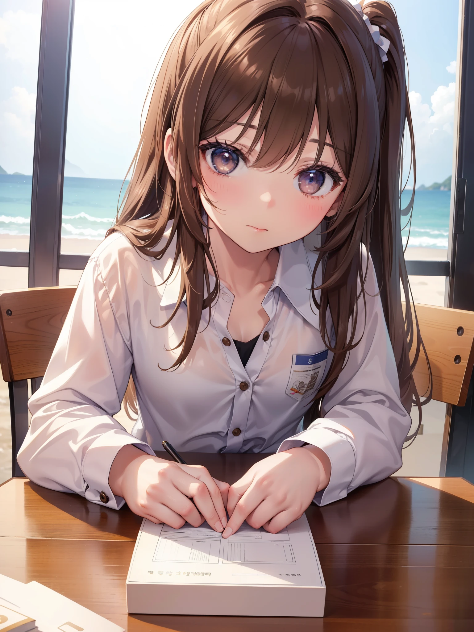 Super detailed, high resolution, (actual, lifelike: 1.4), 8K, original photo, (on the table), (best quality), Physically based rendering, college girl, long brown hair, Korea, beach, Unbutton your socks and look at them_white_shirt