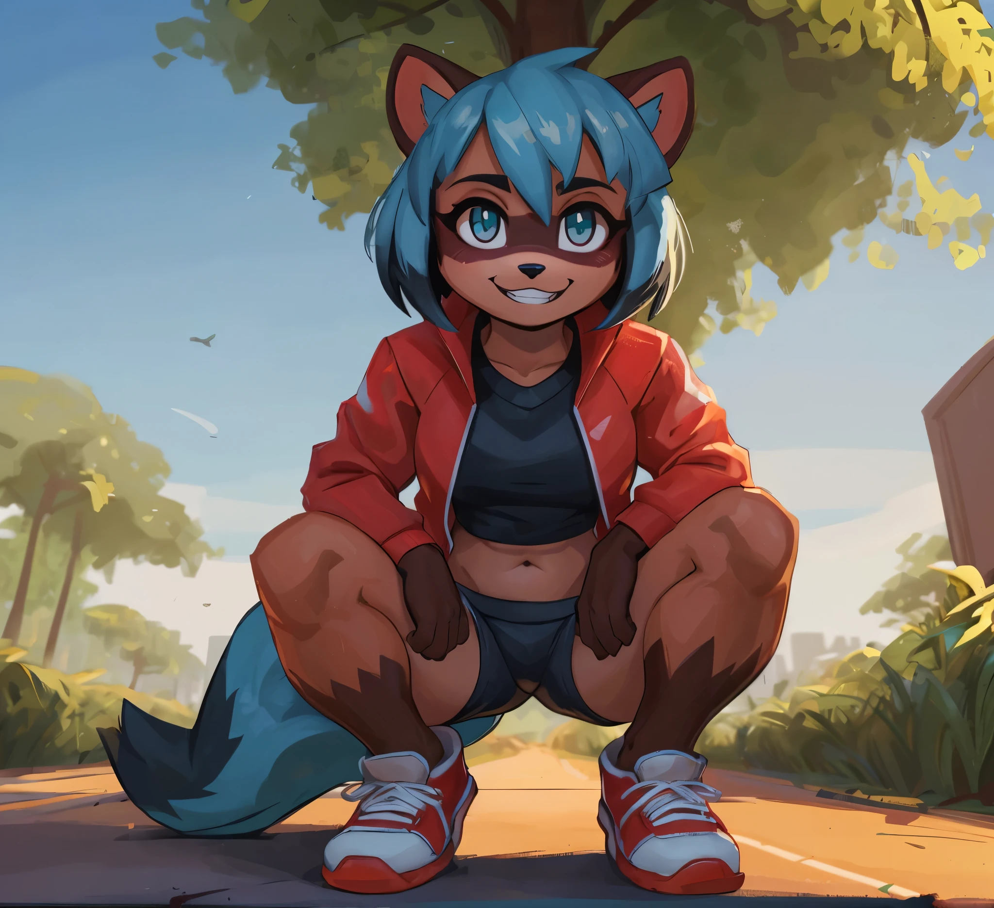 [michiru kagemori], [Uploaded to e621.net; (Pixelsketcher), (wamudraws)], ((masterpiece)), ((HD)), ((highres)), ((solo portrait)), ((full body)), ((front view)), ((feet visible)), ((furry; anthro)), ((detailed fur)), ((detailed shading)), ((beautiful render art)), ((intricate details)), {anthro raccoon girl; brown fur, black nose, (cute dark-teal eyes), (short eyelashes), (fluffy blue tail), (short blue hair), (two toned hair), (black tips on hair), (curvy hips), (beautiful legs), (blushing), (cute excited grin)}, {(grey tee shirt), (navel), (red jacket), (blue jogger short shorts green lining), (white and red sneakers)}, {(crouching), (looking at viewer)}, [background; (park), (trees), (beaten path), (clouds in sky), (blue sky), (sun rays), (ambient lighting)]
