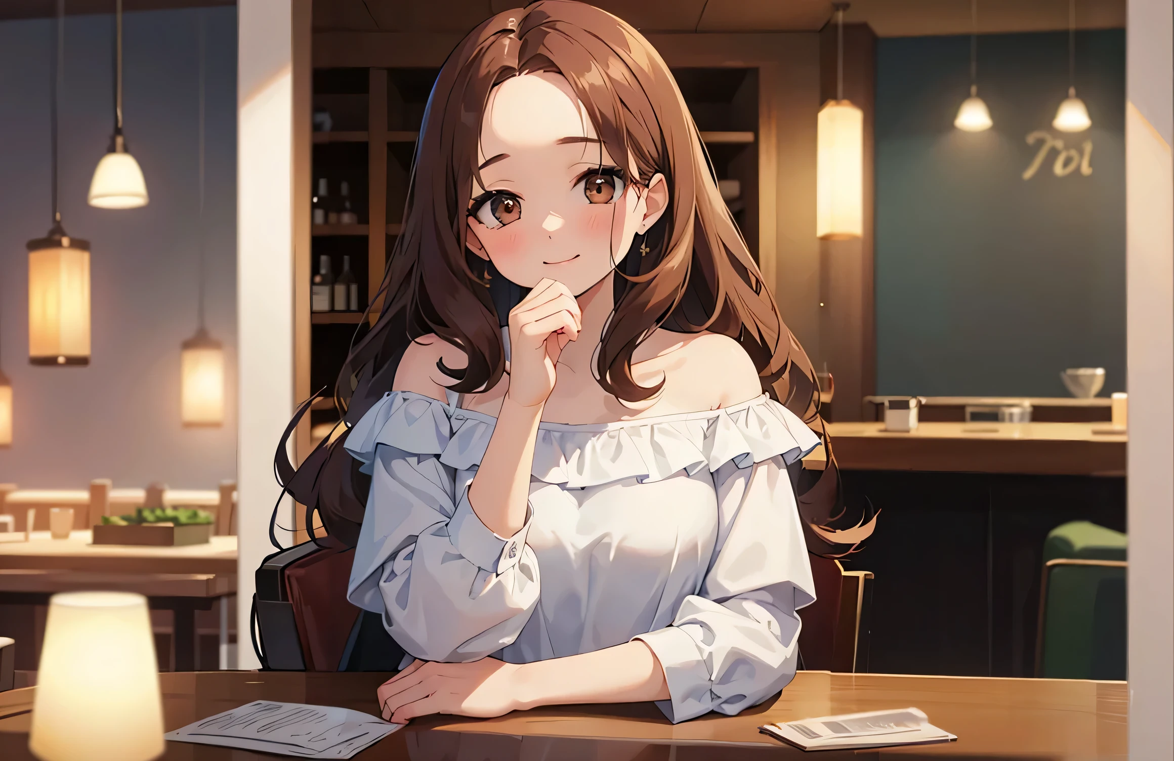The background is a restaurant、wall、illuminating、table