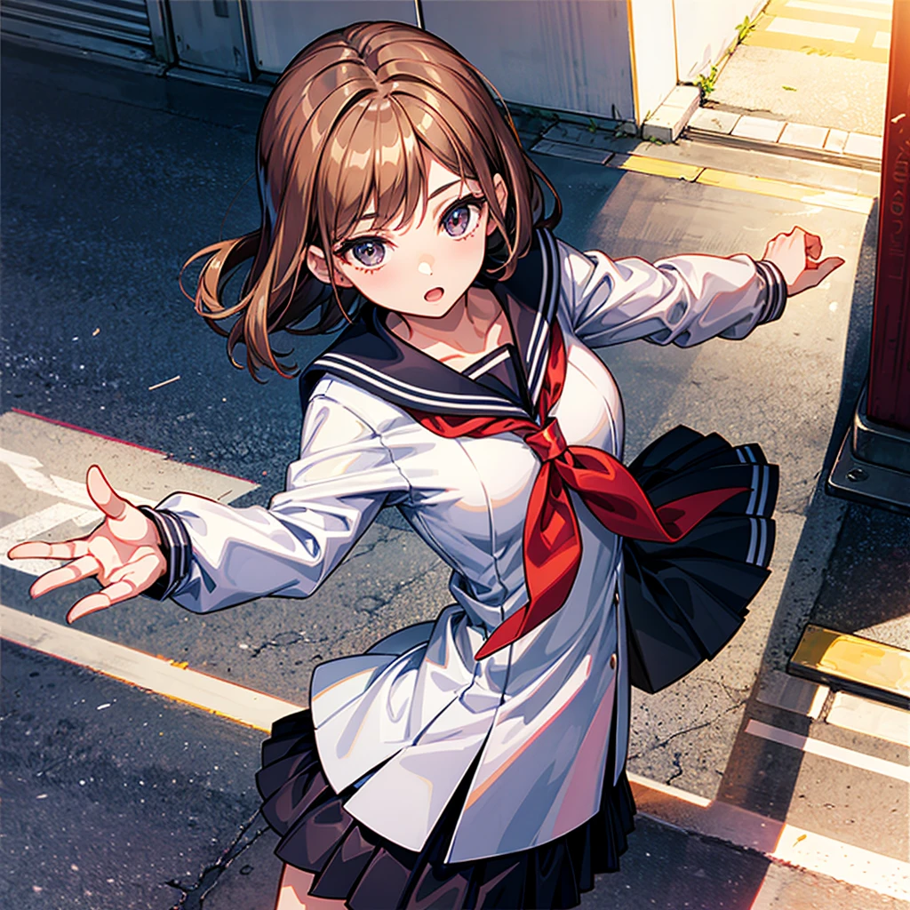 (((masterpiece、Highest image quality、highest quality、highly detailed unity 8kwallpaper)))、((Illustration of one girl))、high school girl、sailor suit、street corner