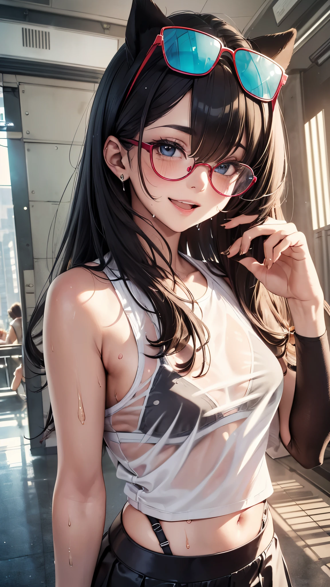 1 female,golden hair,25 years old,(((Blue shiny micro tight skirt)))((white tank top))(((blush cheeks、open mouth smile)),(((straight hair))),(((Portrait))),crowd,,(wet with sweat)(Sexy black bra with see-through tank top)(glasses)(((small breasts)))