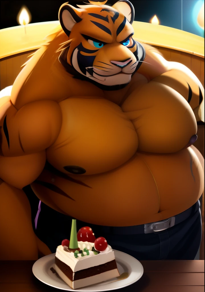 ，Looking down listlessly,  drak,Obesity in the extremities, with a round face, flathead, the shy,  photore, high detail photo, tmasterpiece，,wildness,ben,full bodyesbian，roadhog，upper legs，tigre，natta，The birthday cake，Half-body close-up，