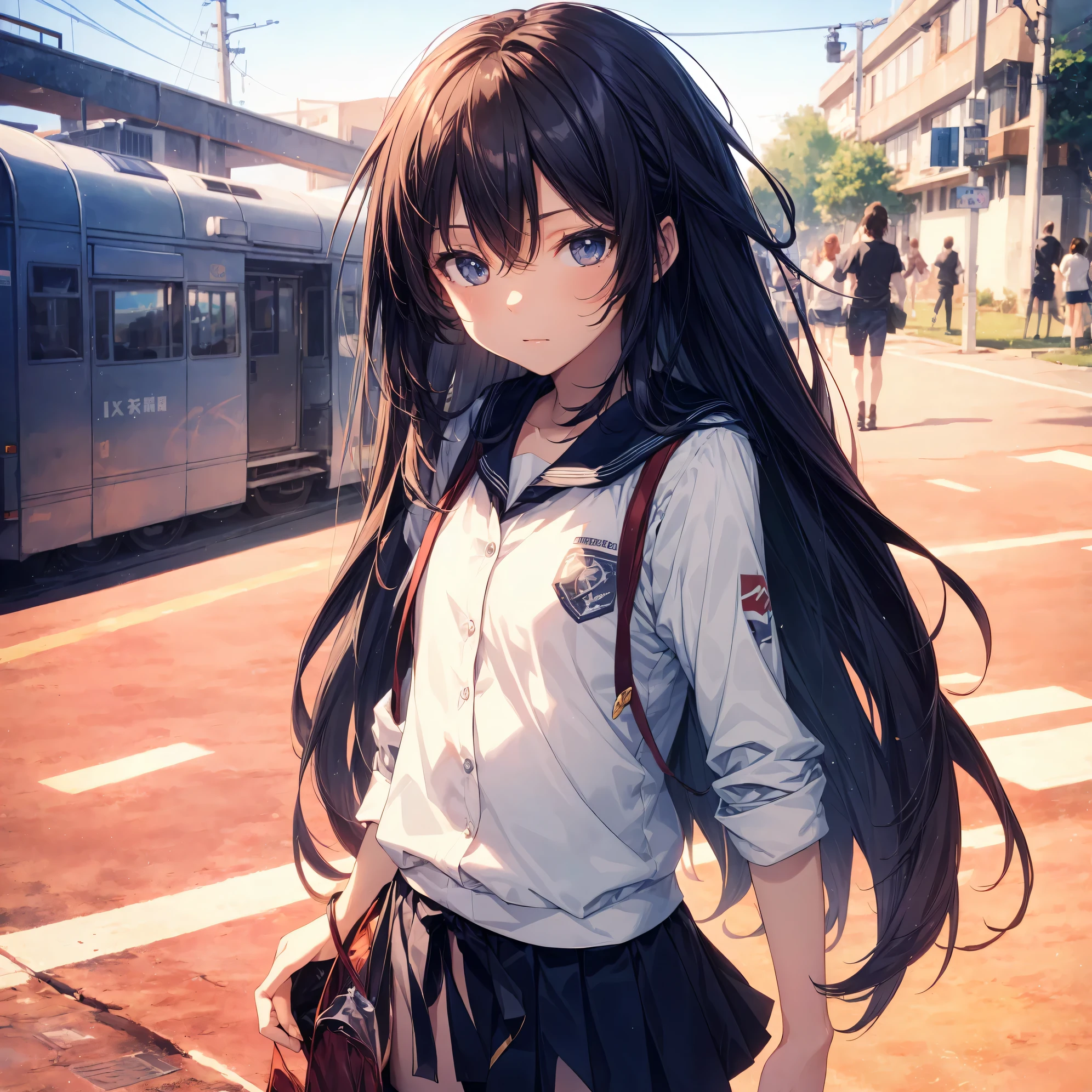 Super high quality by the art god, Super detailed, High resolution, Shinkai Makoto style, anime moe art style, best anime 8k konachan wallpaper, pixiv contest winner, perfect anatomy, break,(眠そうにalone学校へ行く女の子を描いてください. ),break, surreal high school girl, (alone,change,child,13 years old:1.3),complete limbs, full finger,Middle school students, androgynous charm, (extra very short hair), messy hair, flat and soft chest, small ass, between legs, small eyes,Detailed and beautiful black eyes, Well-proportioned iris and pupils, disgusted eye, High resolutionの詳細な髪, school uniform, skirt,  On the way to school. break,super dense skin, Best lighting by famous artists, 8k, illustration,