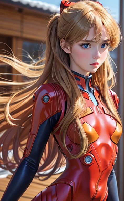 realistic、picture、High level image quality、solo、Perfectly detailed face、fine blue eyes、very detailed、blush、hair ornaments、Chignon mahogany hair、(blonde hair)、Plug Suit 02,Shikinami Asuka Langley、slender legs、 young face、Cute Aiur body suit、Torn suit、Chest fluttering、chest exposure、Background of Hakone