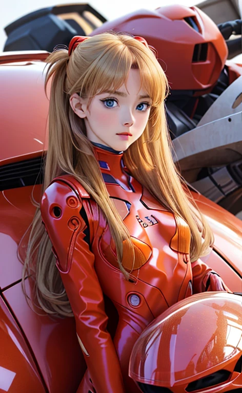 realistic、picture、High level image quality、solo、Perfectly detailed face、fine blue eyes、very detailed、blush、hair ornaments、Chignon mahogany hair、(blonde hair)、Plug Suit 02,Shikinami Asuka Langley、slender legs、 young face、Cute Aiur body suit、Torn suit、Chest fluttering、chest exposure、Background of Hakone