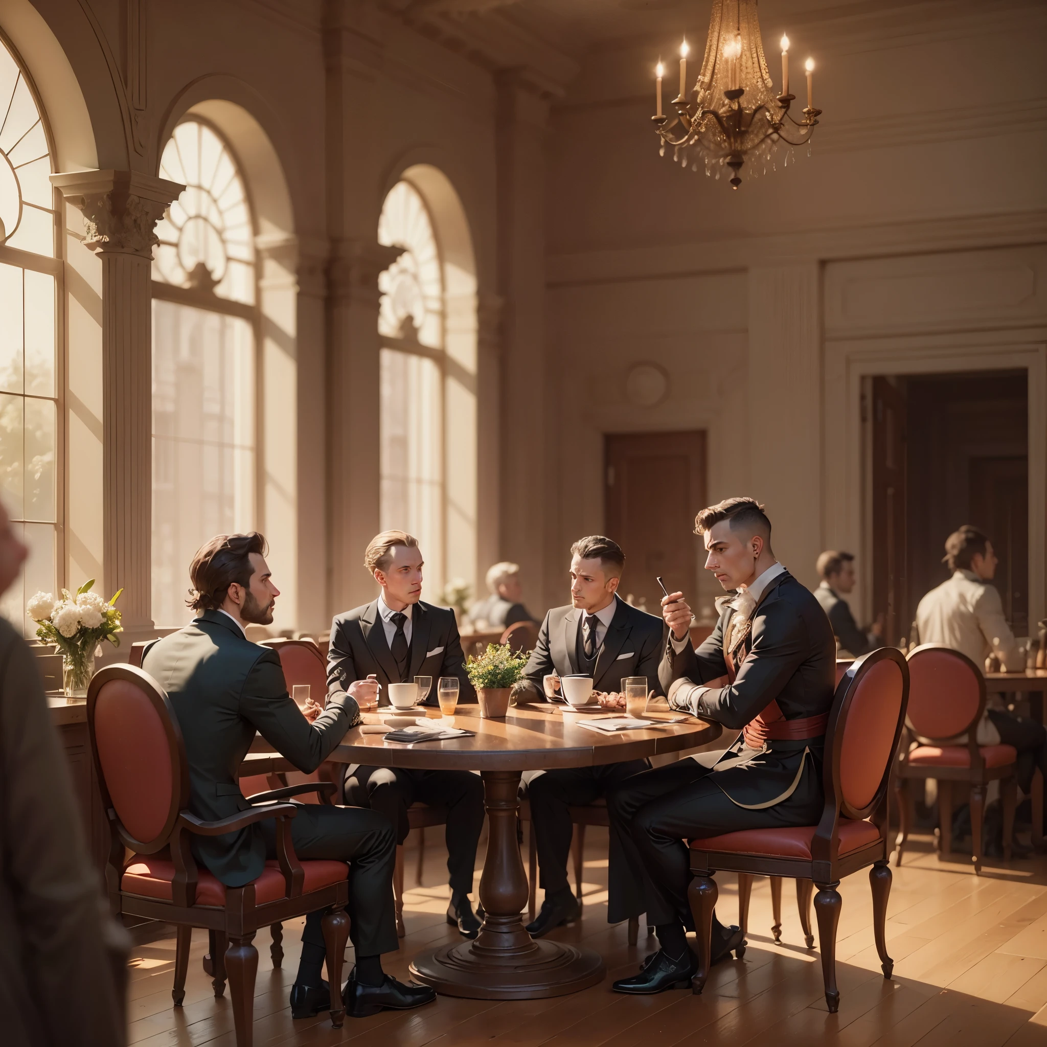 a group of male aristocrates, sitting in a coffee house on a long table, reading books, drinking coffee, imperial age, dark theme --auto --s2