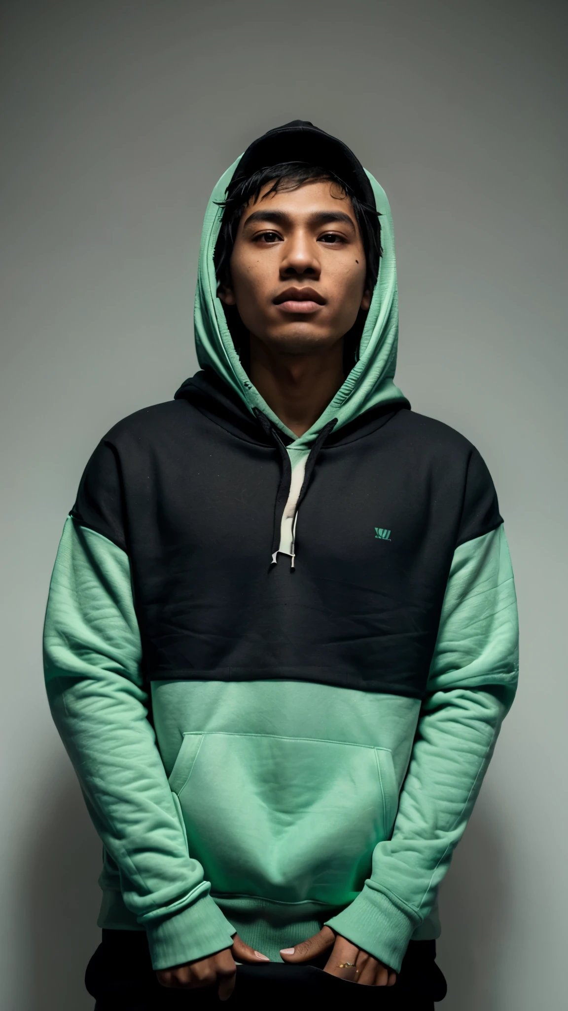 arafed man Indonesian in a black hoodie and a green hat,white skin, wearing a black hoodie, grime, wearing a hoodie, trending on r/streetwear, wearing a pastel black hoodie, wearing hoodie, rapping, wearing a hoody, aesthetic!!!!!, streetwear fashion, hip hop aesthetic, very aesthetic!!!!!!