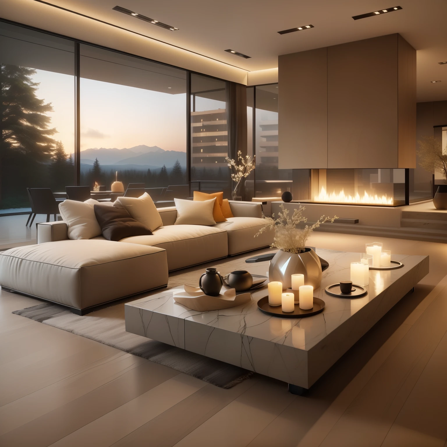 arafed living room with a large couch and a fireplace, cozy contemporary living room, modern living room, warm ambient lighting, luxury condo interior, warm lighting interior, modern interior design, natural realistic render, rendered in lumion pro, luxury hd render, archviz, high-quality render, high quality 3d render, high quality 3 d render, luxurious environment