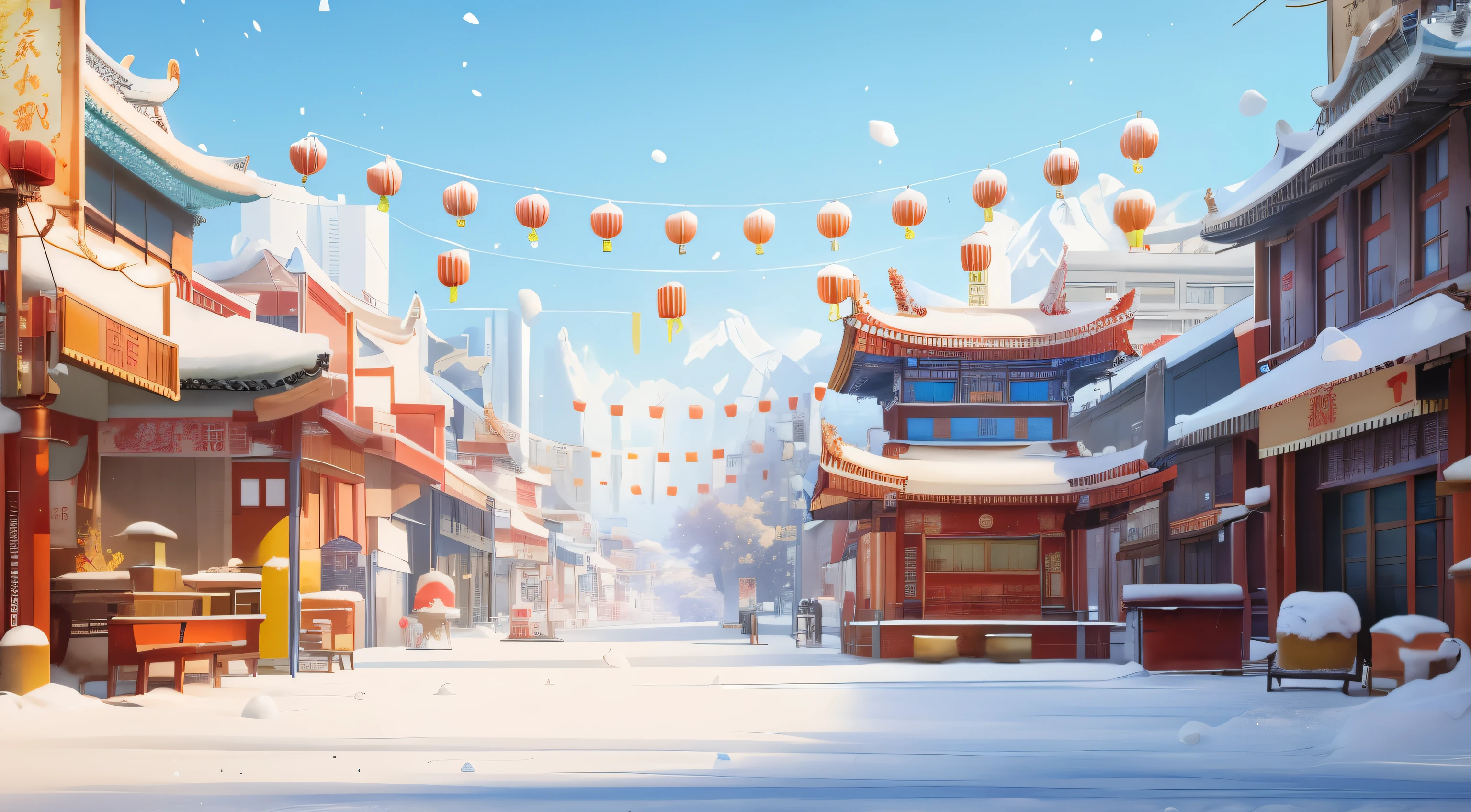 Street view of France and Germany,There is a lot of snow on the ground, rossdraws global illumination, Dream Chinatown, Ross Tran. landscape background, film environment design, Chinatown, background art, g liulian art style, background artwork, Popular topics on cgstation, Colorful anime movie background, Random background scene, winter concept art, Inspired by Zhu Feng