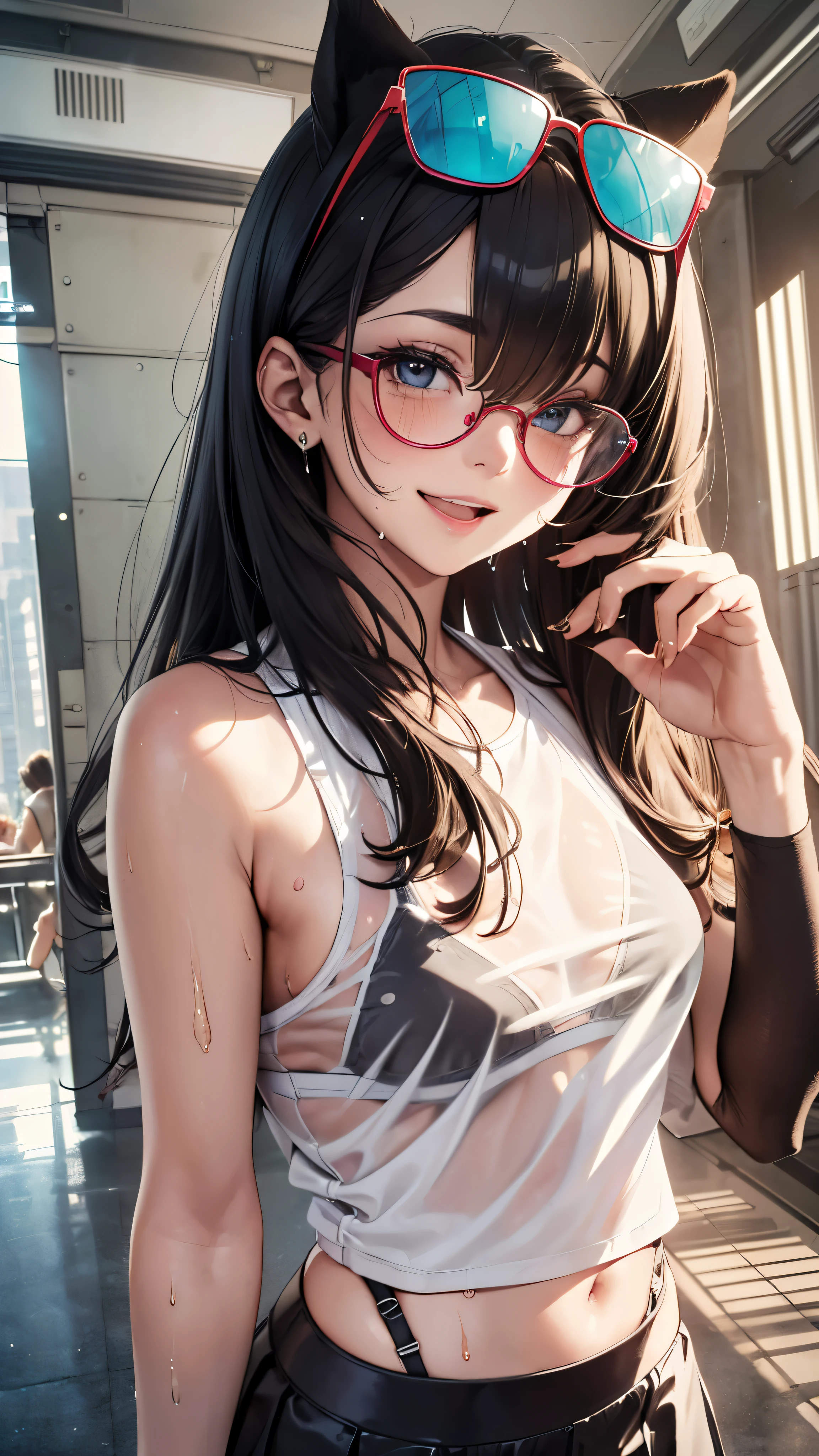1 female,golden hair,25 years old,(((blue shiny micro tight skirt)))((white tank top))(((blush、open mouth smile)),(((straight hair))),(((portrait))),crowd,,(wet with sweat)(sexy black bra and see-through tank top)(Glasses)(((small breasts)))
