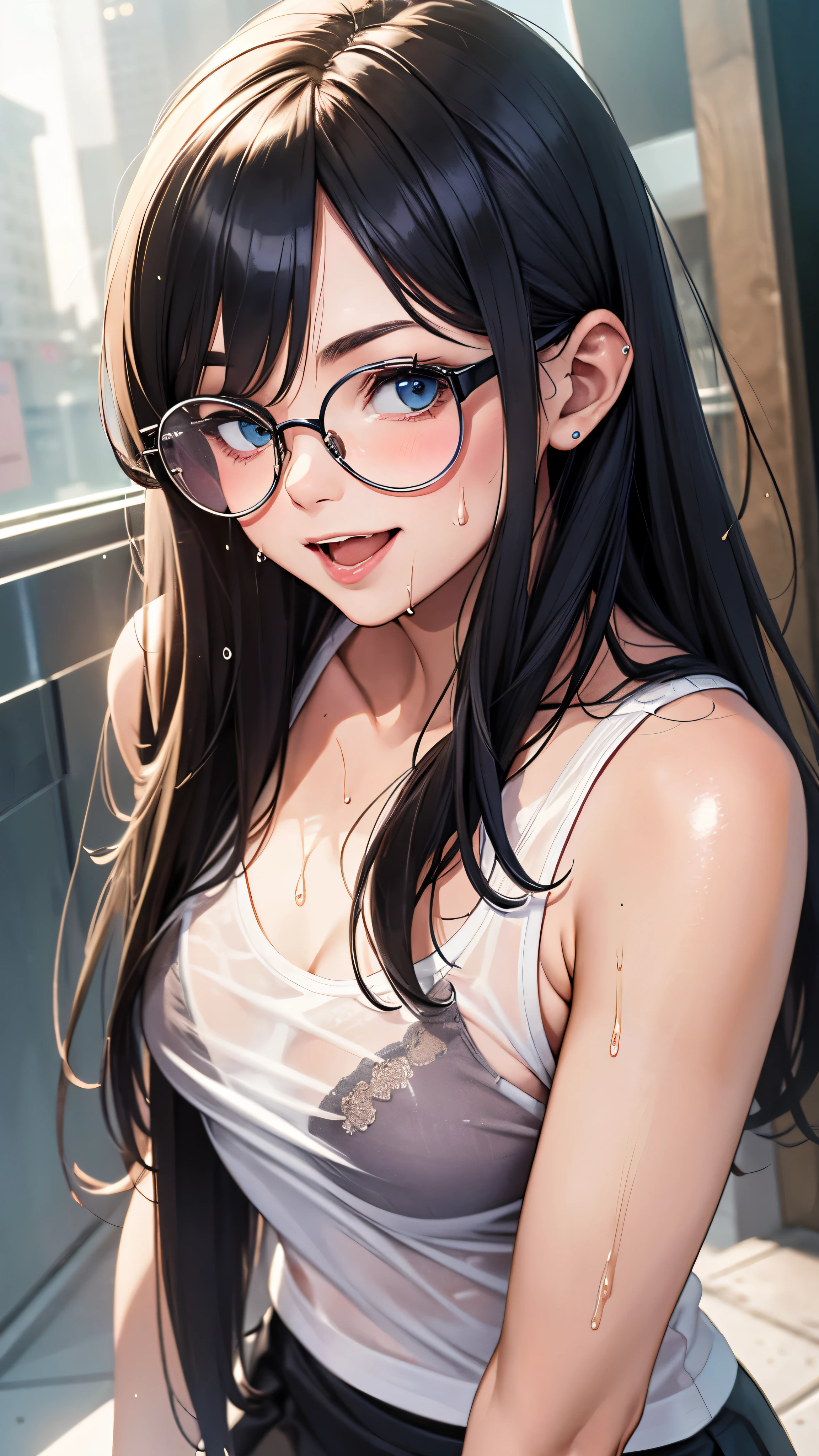 1 female,golden hair,25 years old,(((blue shiny micro tight skirt)))((white tank top))(((blush、open mouth smile)),(((straight hair))),(((portrait))),crowd,,(wet with sweat)(sexy black bra and see-through tank top)(Glasses)(((small breasts)))