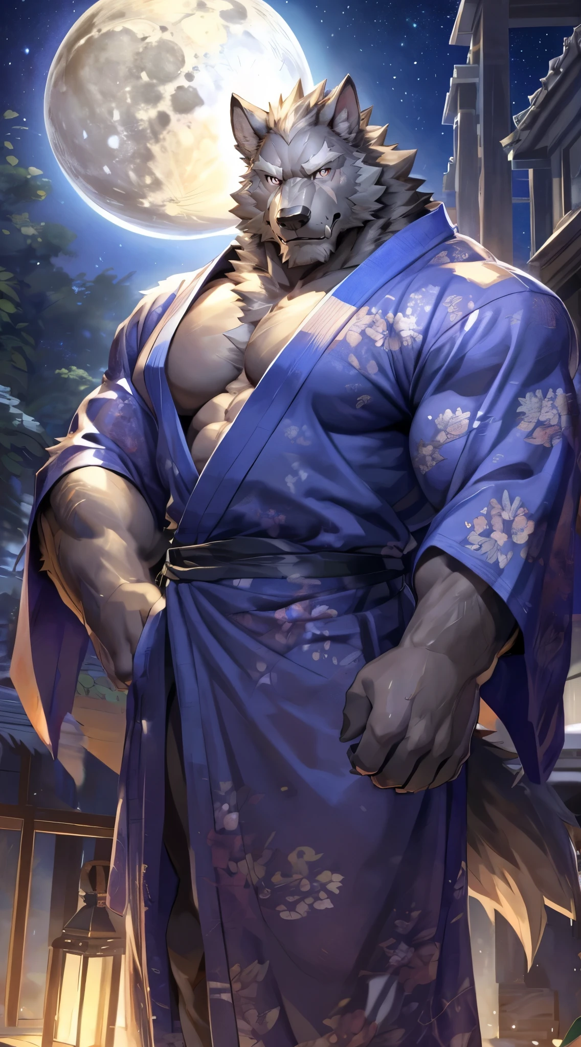 solo,masterpiece,high quality,(detailed eyes),furry male wolf,((blaidd)),huge muscular,huge body,looking at viewer,anime,looking viewer,showing muscle,((yukata)),night,moon,grow,(by null-ghost),by pino daeni