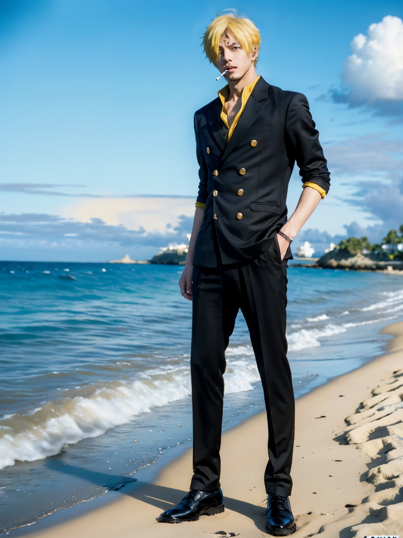 1man, sanji in anime one piece, short hair , yellow hair, black eyes, handsome, black suit, smoking a cigarette,realistic clothes, detail clothes, background beach, ultra detail, realistic