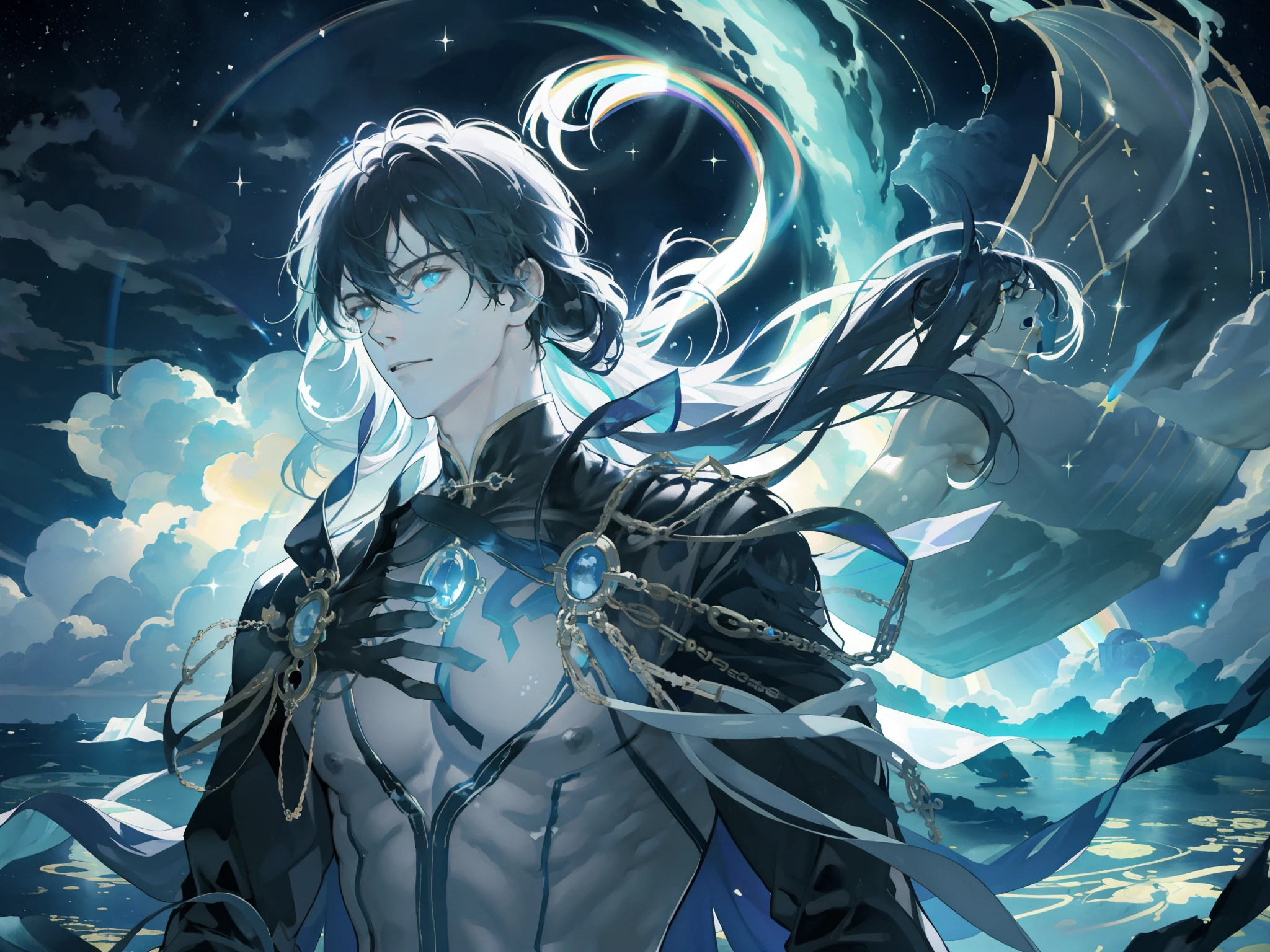 masterpiece，best quality，1 male，，Mature，tall muscular man，dark theme，magic circle，Bubbles，rainbow sunshine，underwater，Reflector，floating glass pieces，rainbow light，Bubbles漩涡，wind vortex，aurora，fantasy landscape，characters around starlight，（Upper body