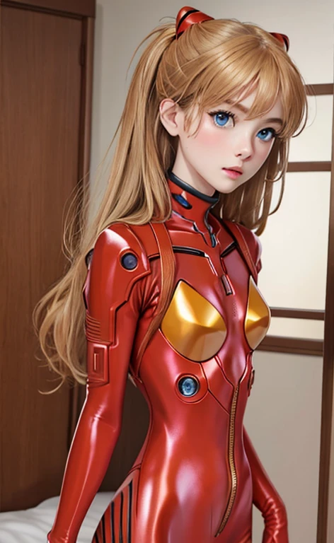 realistic、picture、High level image quality、solo、Perfectly detailed face、fine blue eyes、very detailed、blush、hair ornaments、Chignon mahogany hair、(blonde hair)、Plug Suit 02,Shikinami Asuka Langley、slender legs、 young face、Cute Aiur body suit、Torn suit、Chest fluttering、chest exposure、Background of Hakone、nude、lure