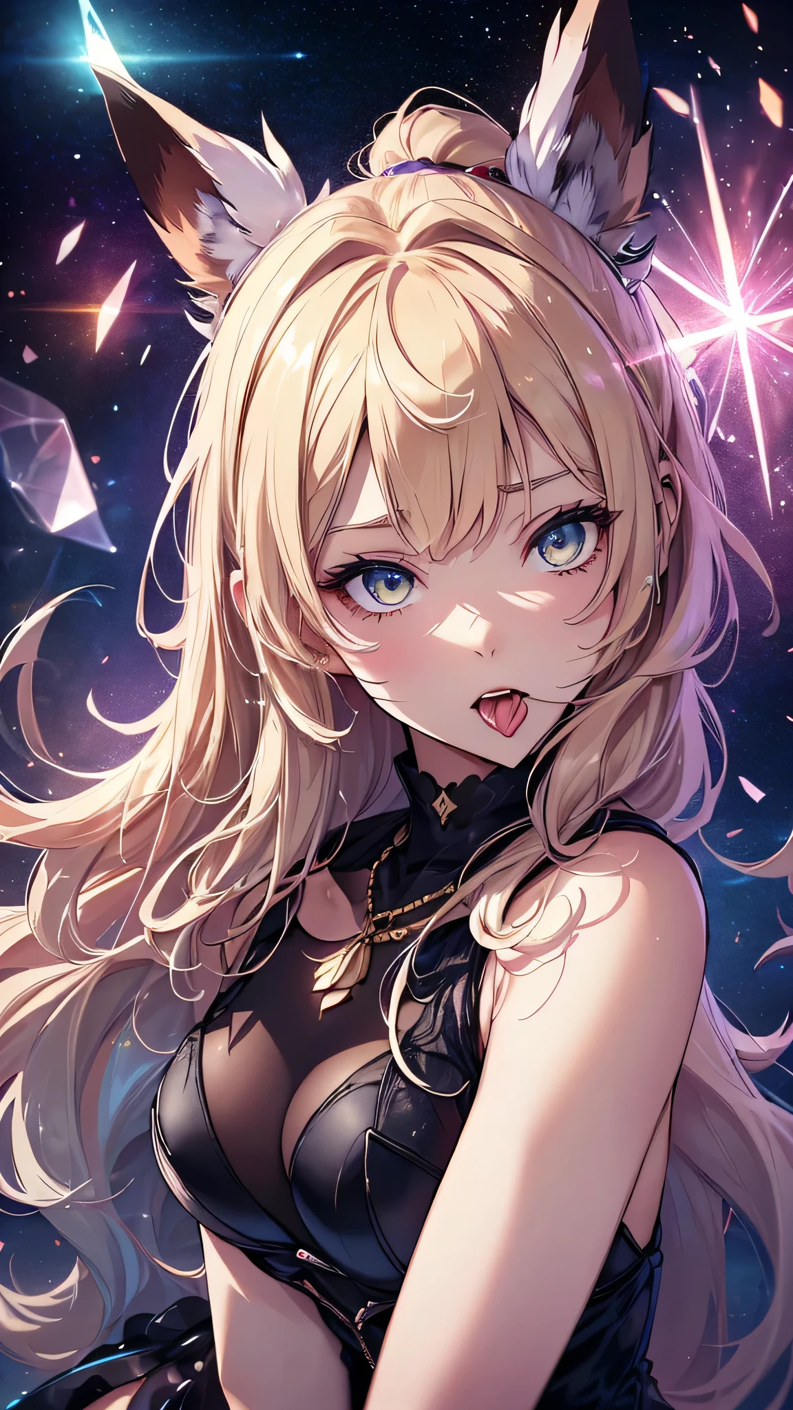 highest quality、Highest image quality、masterpiece、teenage girl((18-year-old、 Agar、vest bust、medium bust,wide open breast tea、golden eyes, blonde、ponytail、slender,highest valley、black dress、red nail polish、gothic loli fashion、vampire teeth、black underwear、open your mouth wide、spinning pose、A posture of leaning forward、cat hair ornament)),high quality、beautiful art、background((night live house、red laser light、blue laser light、random laser points、Virtual space、golden laser beam、purple laser light)),muste piece、Depth of written boundary、movie、visual art、perfect art、
