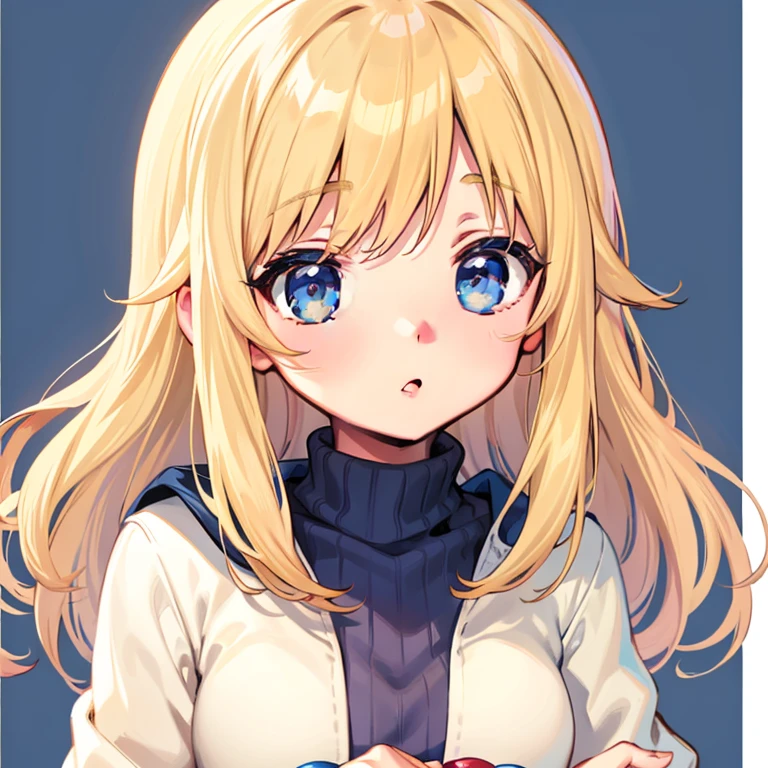 anime girl with blue eyes and long blonde hair wearing a blue sweater, blonde anime girl with long hair, extremely cute anime girl face, cute anime girl, long blonde hair and large eyes, blonde hair and large eyes, cute anime face, anime visual of a cute girl, cute natural anime face, cute anime girl portraits, cute anime girl portrait