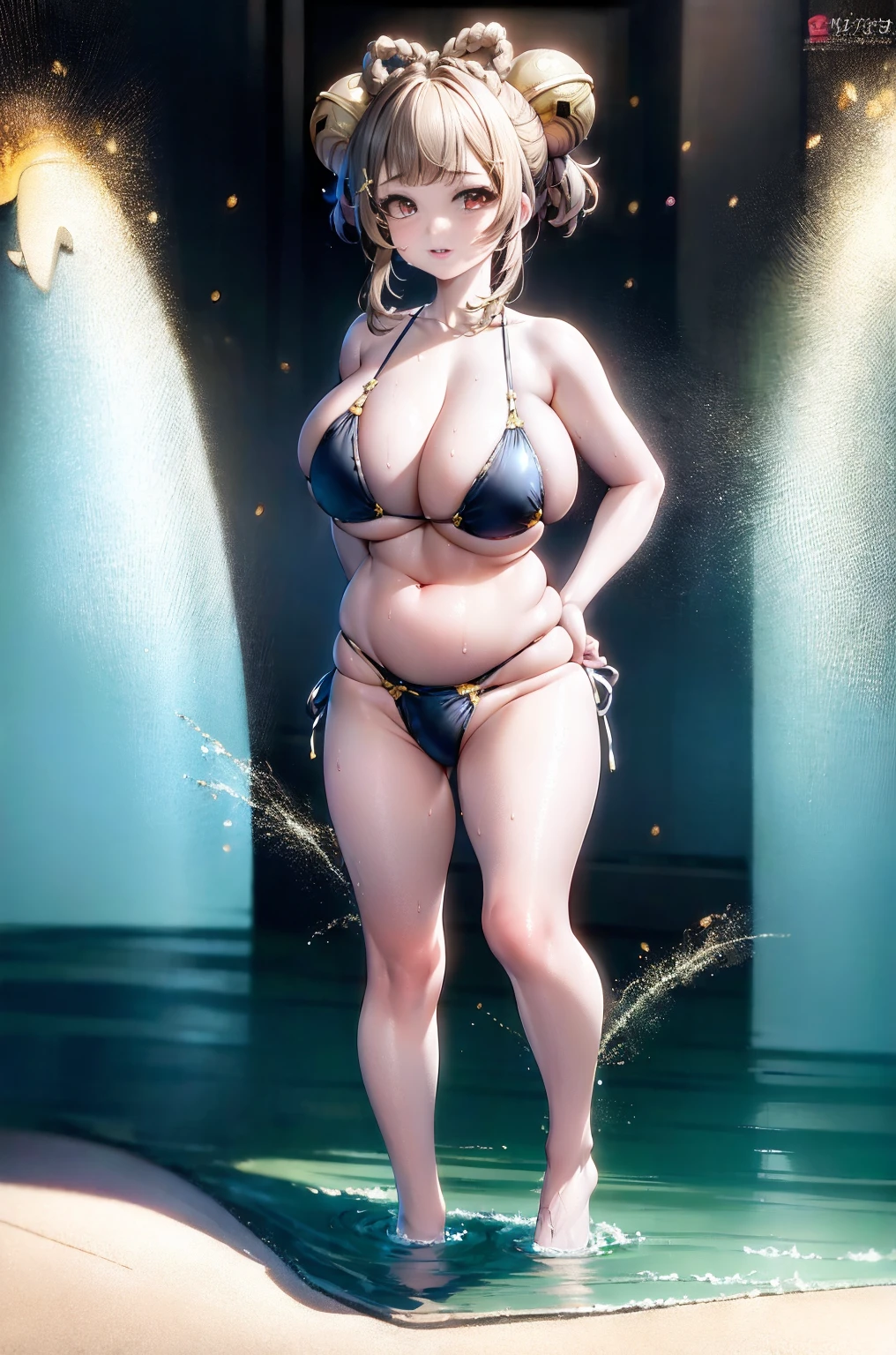 masterpiece, highest quality,    Yaoyao \(genshin impact\), 1 girl,hair ornaments,hair bell,brown hair, short hair,Mitsuami,red eyes, (Little:1.2), background,1 girl, solo, Yuradev,, thighs, Butt, (Low - Angle), Standing ceremony，Plump body with huge cleavage，large and thick legs，(Stand one leg in front of the other，put both hands on hips), (Angle of view:1.1)，Pale black bikini，