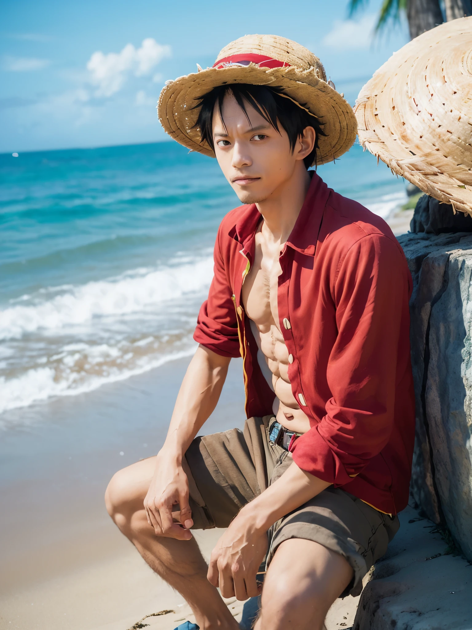 Realistic images of a man with a hat and a shirt, luffy, monkey d luffy, monkey d. luffy, luffy (one piece, luffy from one piece, portrait of luffy from one piece, from one piece, inspired by Eiichiro Oda, one piece, one piece style, eiichiro oda style, luffy dressed as naruto, one piece artstyle,background beach