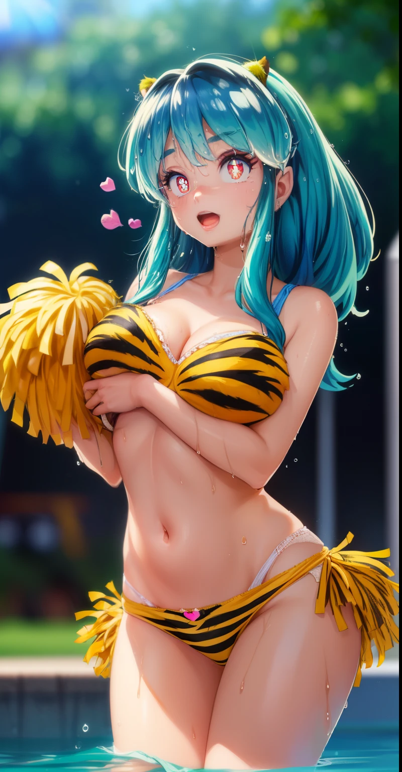 ram invader, detailed breasts, anime dick, (tiger print cheerleader: 1.2), （white panties:1.4）,muste piece, best quality, open mouth, tooth, ultra-detailed breasts, Yellow eyes, cute eyes, detailed face, a cute girl, big chest, red face, (wet with water: 1.2), Generally poor breasts, areola slip, (Position where panties are visible:1.5), (beautiful breasts: 1.2), (with a bright light source: 1.2), (heart shaped pupils opening their clothes: 1.5)