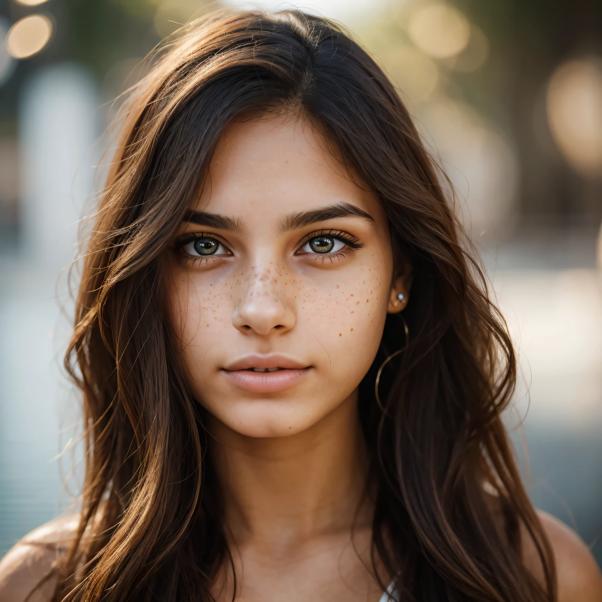extremely detailed,brazilian,22 year old girl,common background,portrait,realistic style,vivid colors,natural lighting,soft focus,long wavy hair,freckles,full lips,beautiful eyes,piercing gaze,confident expression,elegant pose,stylish outfit,bokeh,highres image