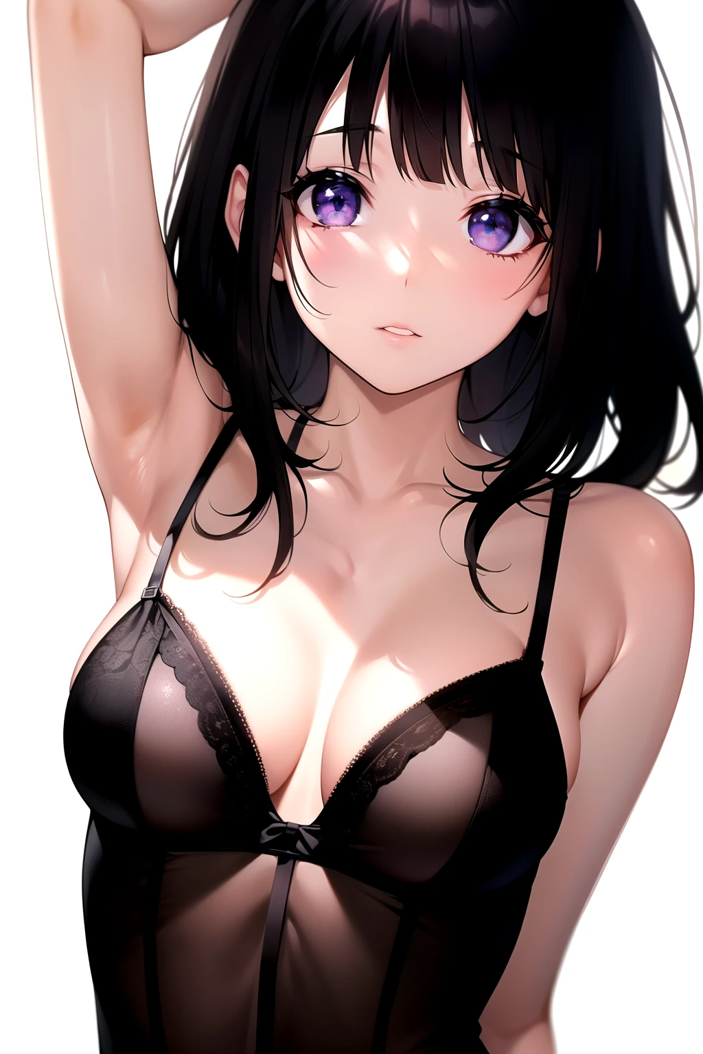 (A superb exquisite Chitanda Eru), (mature face), (((white background, upper-body))), purple eyes, long black hair, natural straight hair, straight bangs, solo, [Small_breasts: large_breasts: 0.5], normal breasts, (looking back over shoulder, lingerie), extremely delicate, peerless beautiful girl, dreamy quality, exaggerated facial features, solid color, delicate face, bright lips, slender waist, straight curves, soft lights and shadows, super fine, 8K HD, (masterpiece:1.4), (finely detailed beautiful eyes: 1.2)