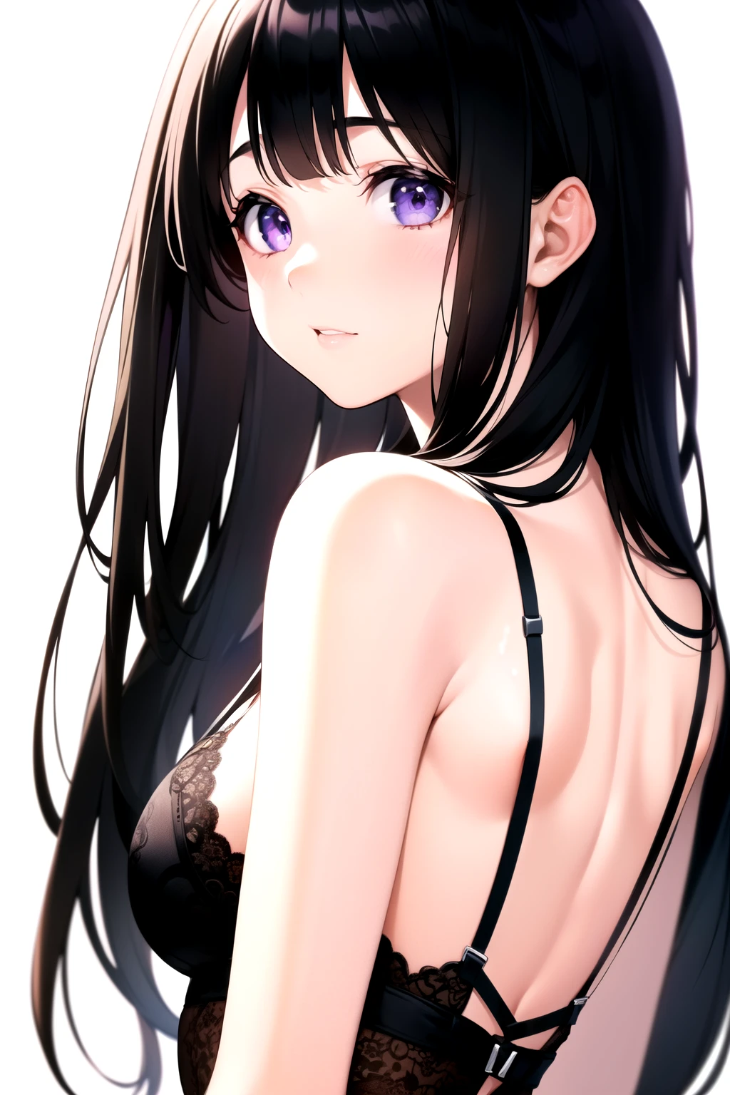 (A superb exquisite Chitanda Eru), (mature face), (((white background, half body))), purple eyes, long black hair, natural straight hair, straight bangs, solo, [Small_breasts: large_breasts: 0.5], normal breasts, (looking back over shoulder, lingerie), extremely delicate, peerless beautiful girl, dreamy quality, exaggerated facial features, solid color, delicate face, bright lips, slender waist, straight curves, soft lights and shadows, super fine, 8K HD, (masterpiece:1.4), (finely detailed beautiful eyes: 1.2)