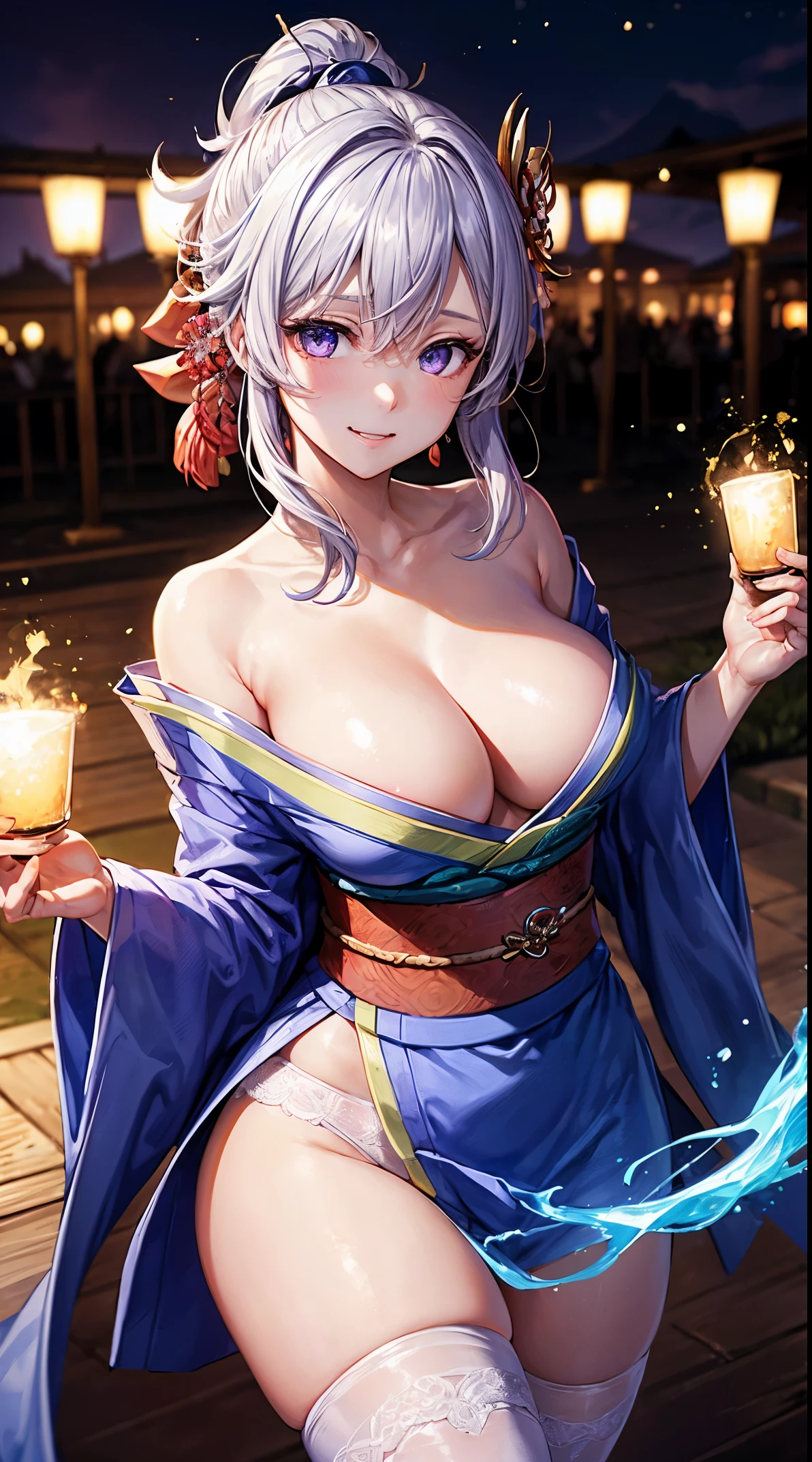 ((highest quality、8K、masterpiece:1.3))、Extraordinary Beauty、Ultimate Beauty、revealing underwear:1.2、Super Detail Face、delicate eyes、smile、erotic expression、sexy look、Sexy look、looking at the camera、(((((sexually seducing)))))、(((((shyly seduce)))))、beautiful girl、Large beautiful breasts、cleavage、slim、slender、1 girl, (((kimono))), ponytail ,gray hair, purple eyes, magic circle, blue fire, blue flame, wallpaper, landscape, Depth of the bounds written, night, light particles, light, side light, thighs, genshin impact, Open jacket, skirt, Thighhighs, cloud