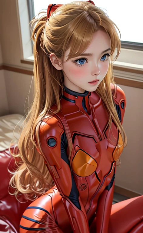 realistic、picture、High level image quality、solo、Perfectly detailed face、fine blue eyes、very detailed、blush、hair ornaments、Chignon mahogany hair、(blonde hair)、Plug Suit 02,Shikinami Asuka Langley、slender legs、 young face、Cute Aiur body suit、Torn suit、Chest fluttering、chest exposure、Background of Hakone、naked体、lure、spread legs、masturbate、take off clothes、naked
