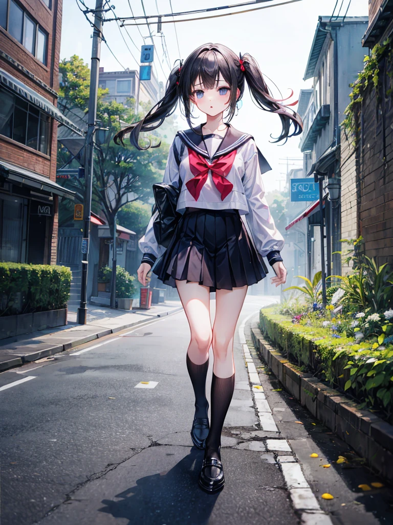 (((masterpiece、Highest image quality、highest quality、highly detailed unity 8kwallpaper)))、((Illustration of one girl))、high school girl、sailor suit、street corner、ruins