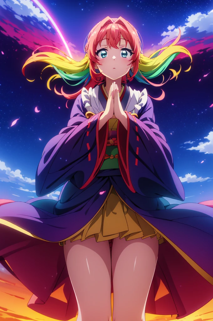 (high resolution, detailed, 4k, 8k), (anime style), delicate, beautiful girl wearing a kimono, vibrant rainbow spanning across the clear sky, gracefully praying with folded hands, youthful appearance with radiant eyes, divine presence