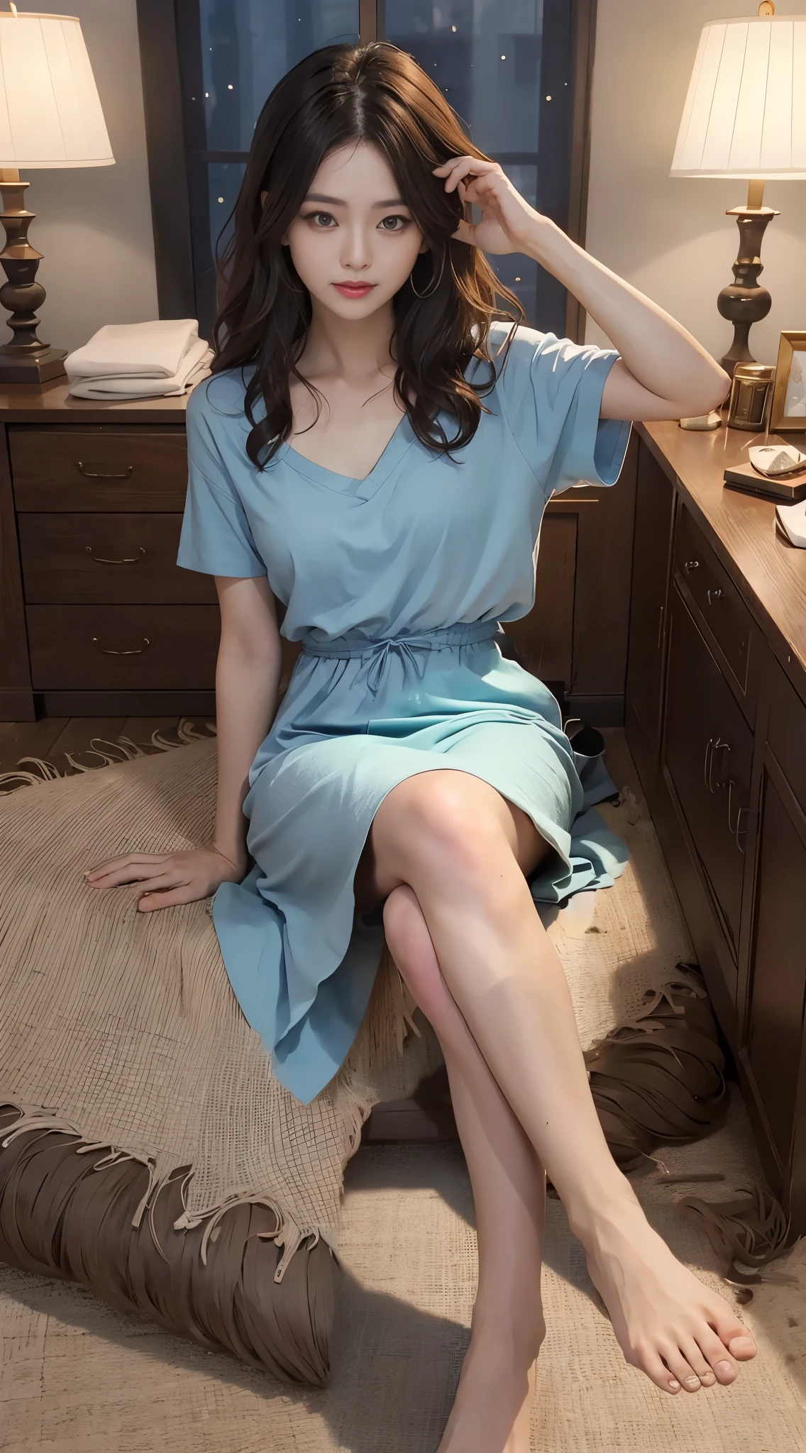 Fingers of appropriate length and dexterity, The hand only has a thumb and four fingers, One 21-year-old woman, A-line loose short-sleeve maxi dress, Outside the apartment, smile, Pose for the camera, cowboy shot, UHD, masterpiece, anatomically correct, best quality, highres, HD, 8k, anatomically correct