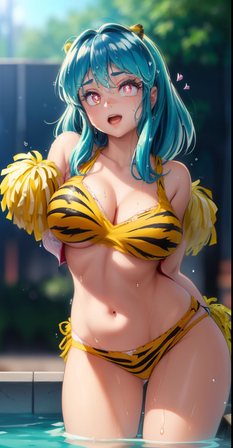 ram invader, detailed breasts, anime dick, (tiger print cheerleader: 1.2), （white panties:1.4）,muste piece, best quality, open mouth, tooth, ultra-detailed breasts, Yellow eyes, cute eyes, detailed face, a cute girl, big chest, red face, (wet with water: 1.2), Generally poor breasts, areola slip, (Position where panties are visible:1.5), (beautiful breasts: 1.2), (with a bright light source: 1.2), (heart shaped pupils opening their clothes: 1.5)