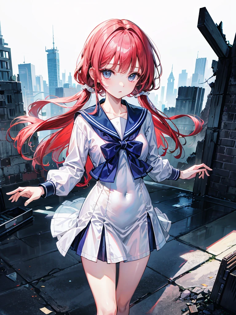 （（（masterpiece、Highest image quality、highest quality、highly detailed unity 8ｋwallpaper）））、（（Illustration of one girl））、high school girl、sailor suit、ruin city