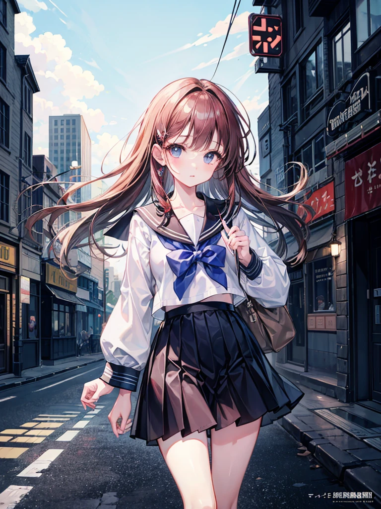 (((masterpiece、Highest image quality、highest quality、highly detailed unity 8kwallpaper)))、((Illustration of one girl))、high school girl、sailor suit、ruin city