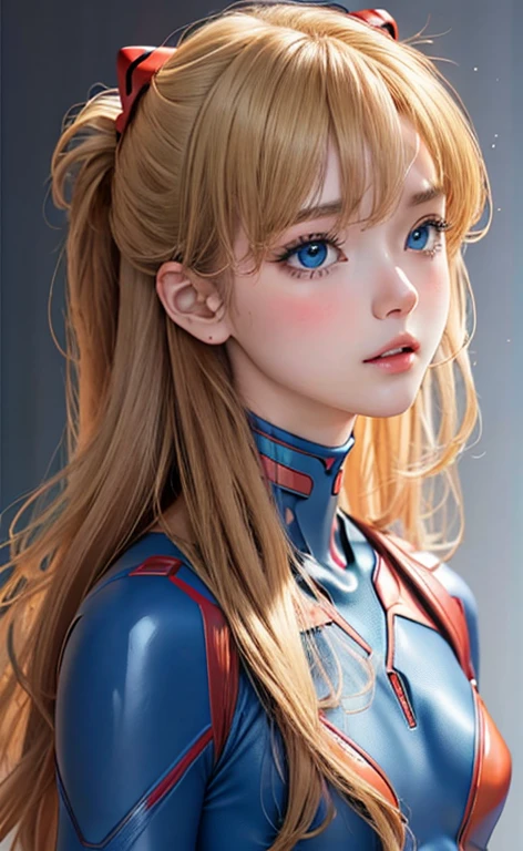 realistic、picture、High level image quality、solo、Perfectly detailed face、fine blue eyes、very detailed、blush、hair ornaments、Chignon mahogany hair、(blonde hair)、Plug Suit 02,Shikinami Asuka Langley、slender legs、 young face、Cute Aiur body suit、Torn suit、Chest fluttering、chest exposure、Background of Hakone、nude、masturbate、Climax、take off clothes