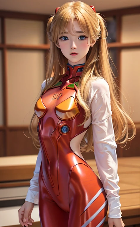 realistic、picture、High level image quality、solo、Perfectly detailed face、fine blue eyes、very detailed、blush、hair ornaments、Chignon mahogany hair、(blonde hair)、Plug Suit 02,Shikinami Asuka Langley、slender legs、 young face、Cute Aiur body suit、Torn suit、Chest fluttering、chest exposure、Background of Hakone、nude、masturbate、Climax、take off clothes