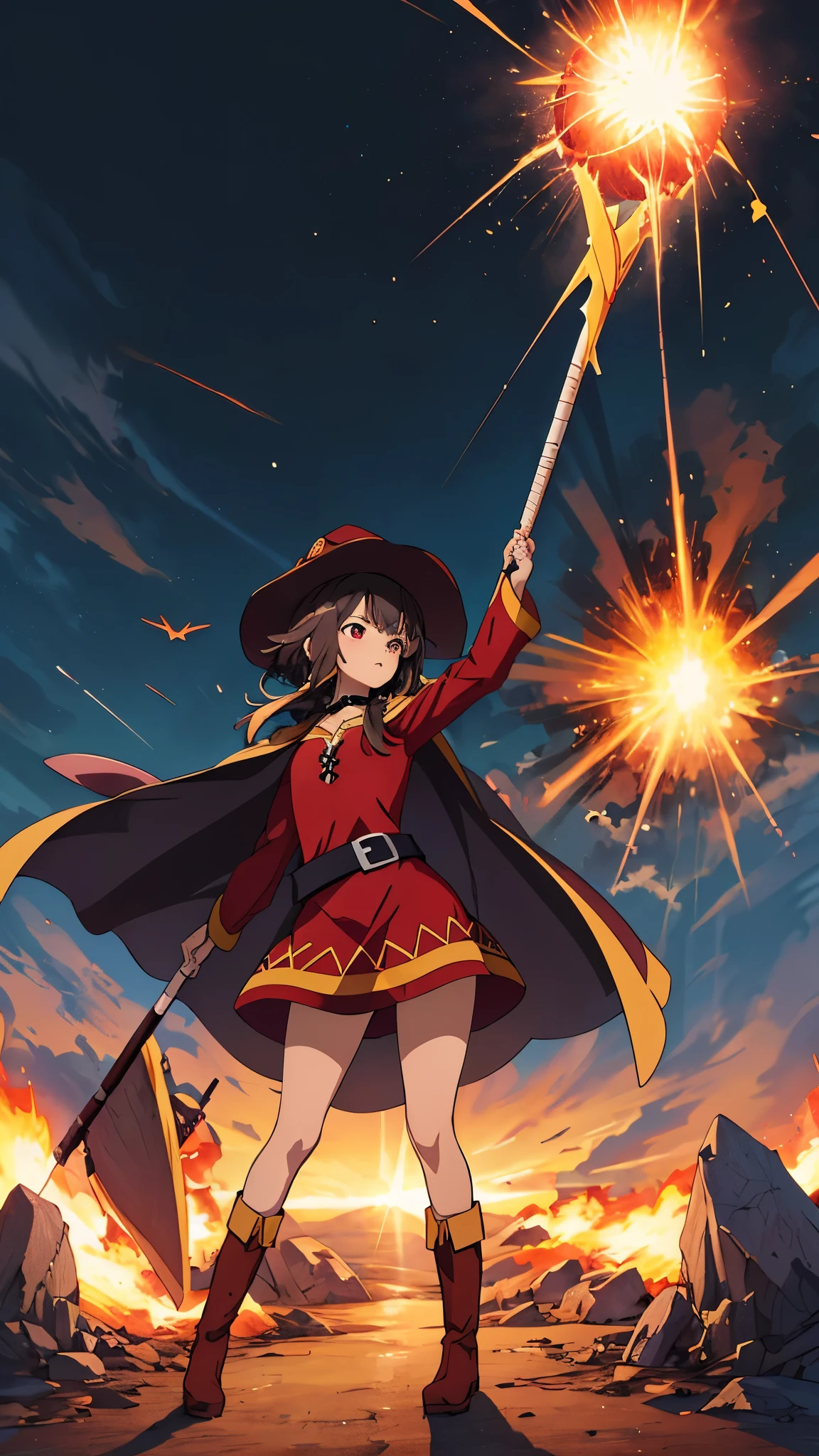 master piece, best quality, ultra high resolution, 最high quality, anime style, Best Lighting, Beautiful face, masterpiece, 最high quality, high quality , MeguKJ , megu dress , Megu has , Cape Megu , good shape , staff , holding staff , boots , short hair with long hair,bangs,chest ,  (ray of light coming out of the staff:1.4), (flying though the air:1.4) , (aura:1.2) , collar, hat, (big explosion:1.3), raise your arms