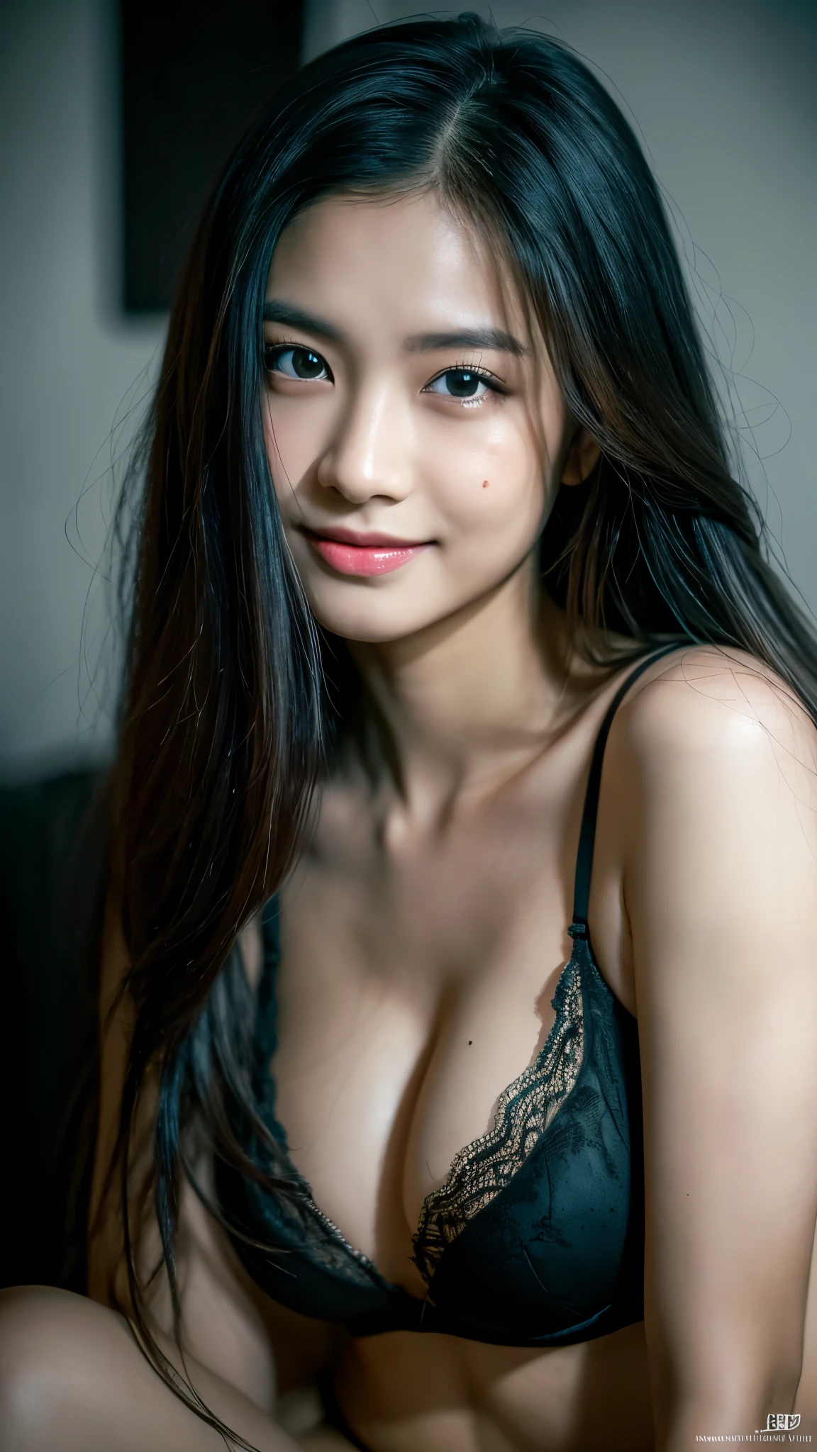 highest quality, epic realistic, ((in the pitch black darkness :1.4)), ((portrait:1.5)),(background: dark ) high contrast ,glorious picture, lowest lux, lighting face, she's comfortable, wearing white lingerie, looks incredible, (8k, Raw photo, Highest quality),(epic realistic:1.5), a woman, face,(detailed eyes:0.8),(looking at the camera:1.4), (Highest quality), ( high contrast, deep shadows),Intricate details,cinematic,((skin:1.4)), (long dark hair:1.3), long hair, messy ,(Hdr:1.5),Detailed, colors, Superior quality, Masterpiece, Raw Photo (20-year-old, looking at viewer), beautiful, (wearing underwear,), perfect, natural, perfect composition, portrait, perfect face, smiling expression, Captivating eyes, Bright details, Tight lips, (High Skin Detail),, (blue tint: 0.6), (sale: 0.8), (bloody: 0.7), Key lighting , (backlight: 0.5), Medium depth of field, Canon 5d, 50mm lens, f/4 apertures, (Ultra-detailed, Complex detail), sharp focus, soft colors, 8k, Absurd, 80mm, dark background, photography, smiling, pinay, filipina, medium boobs,