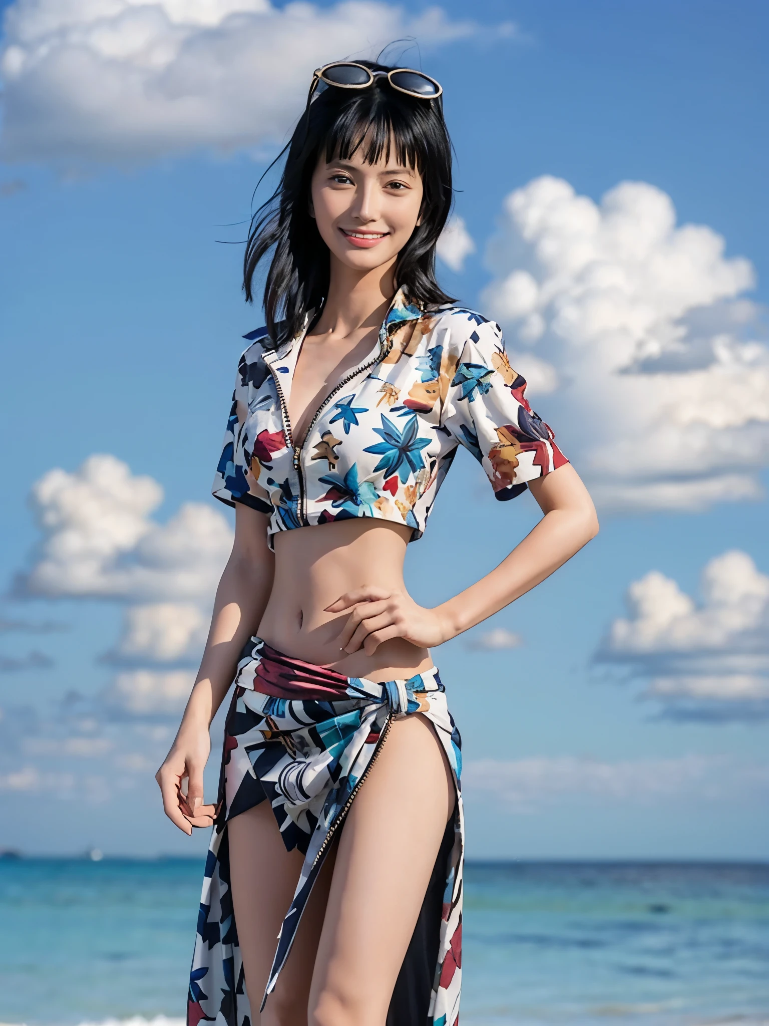 (((masterpiece))), NicoRobin, 1girl, solo, full body, long hair, looking at viewer, smile, blue eyes, large breasts, black hair, navel, holding, cleavage, closed mouth, standing, collarbone, jacket, short sleeves, cowboy shot, outdoors, sky, day, midriff, cloud, water, stomach, blue sky, crop top, groin, hand on hip, ocean, sunglasses, eyewear on head, zipper, cropped jacket, high collar, unzipped, sarong, hair slicked back, partially unzipped, print sarong,